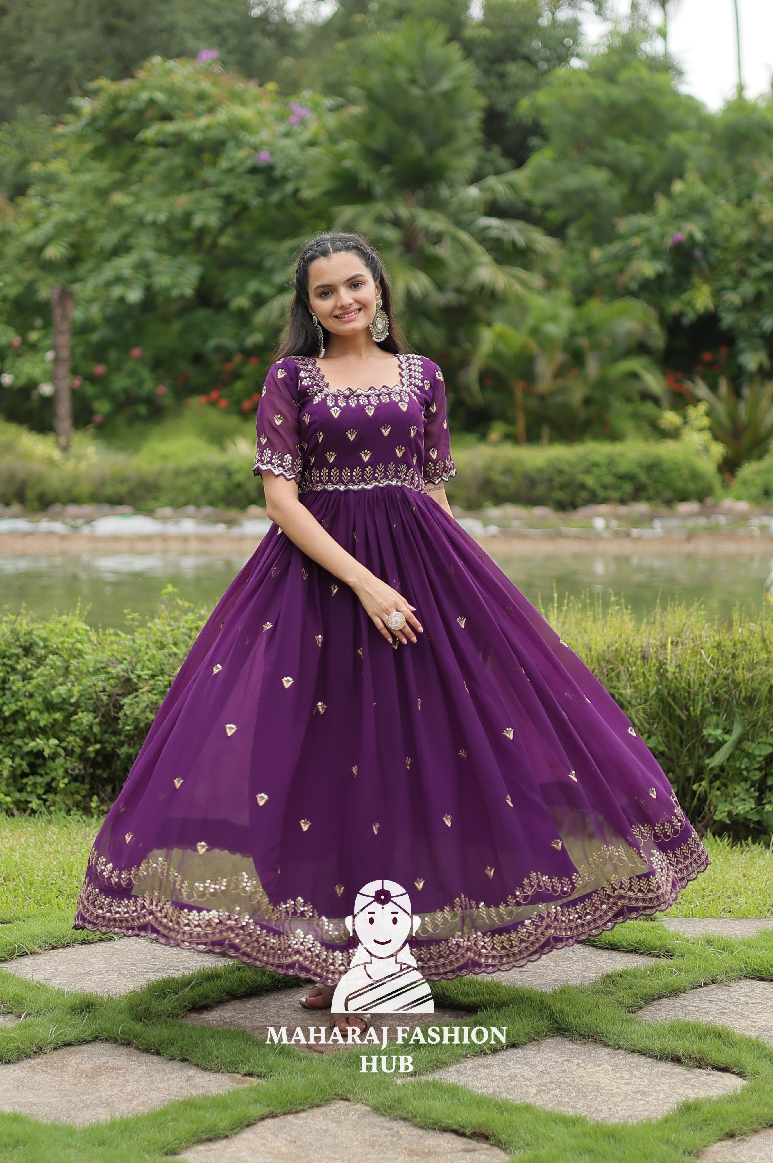 Designer Faux Blooming Fabric Gown with Modern Square Neck
