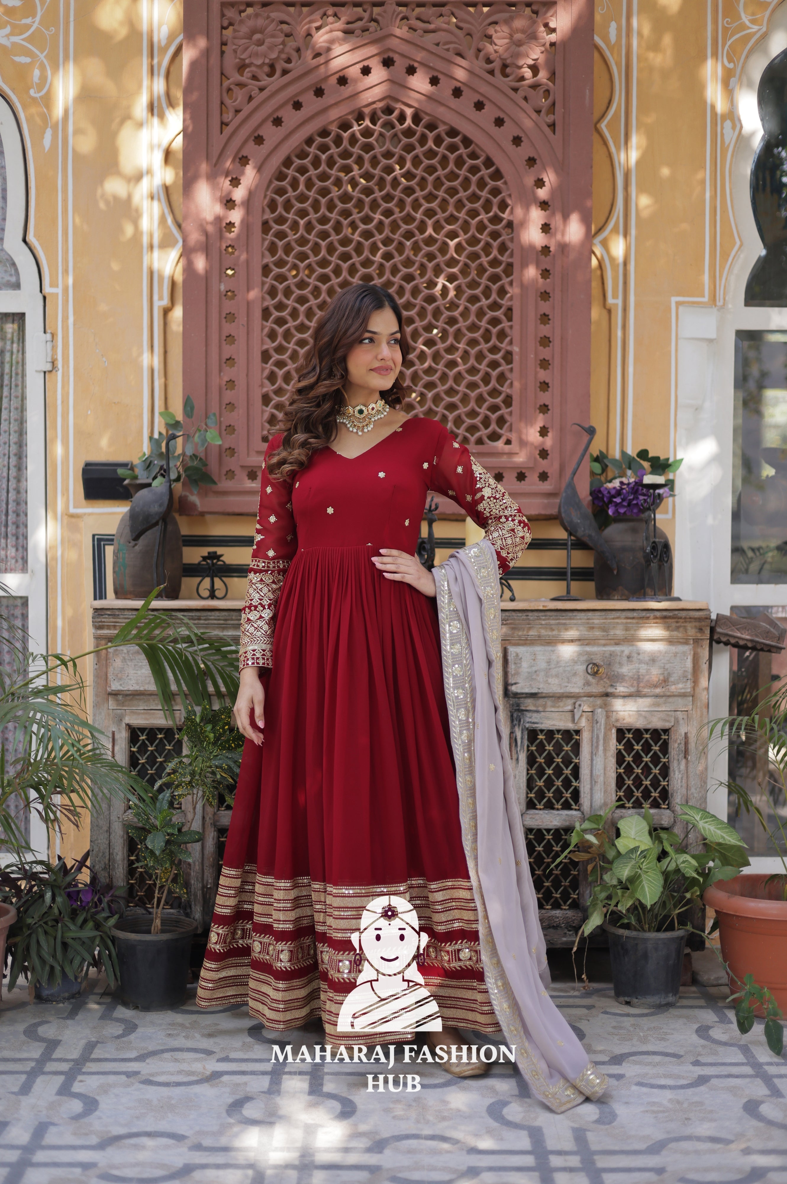💃 Fancy V-Neck Gown with Sequins Detailing & Designer Lace - Special Designer Gown