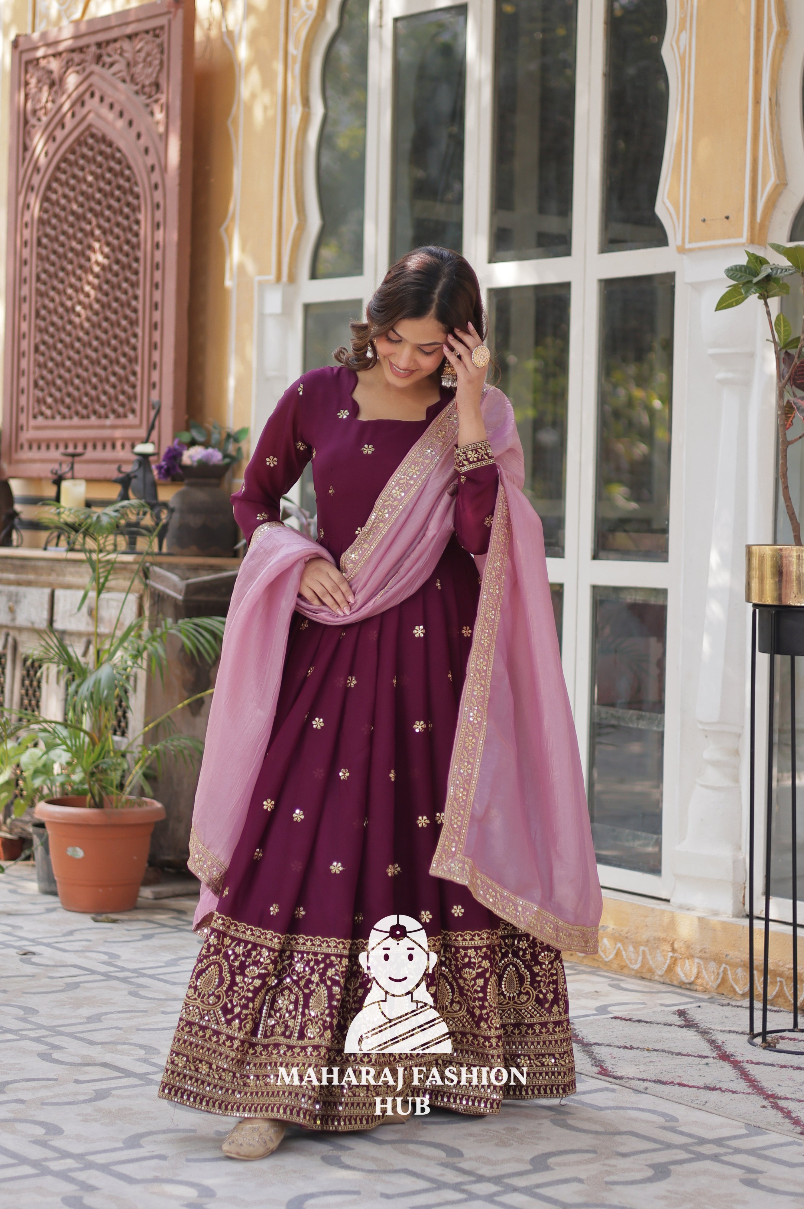 🧵 Full-Sleeve Gown in Star Georgette with Fancy Finish - Special Designer Gown