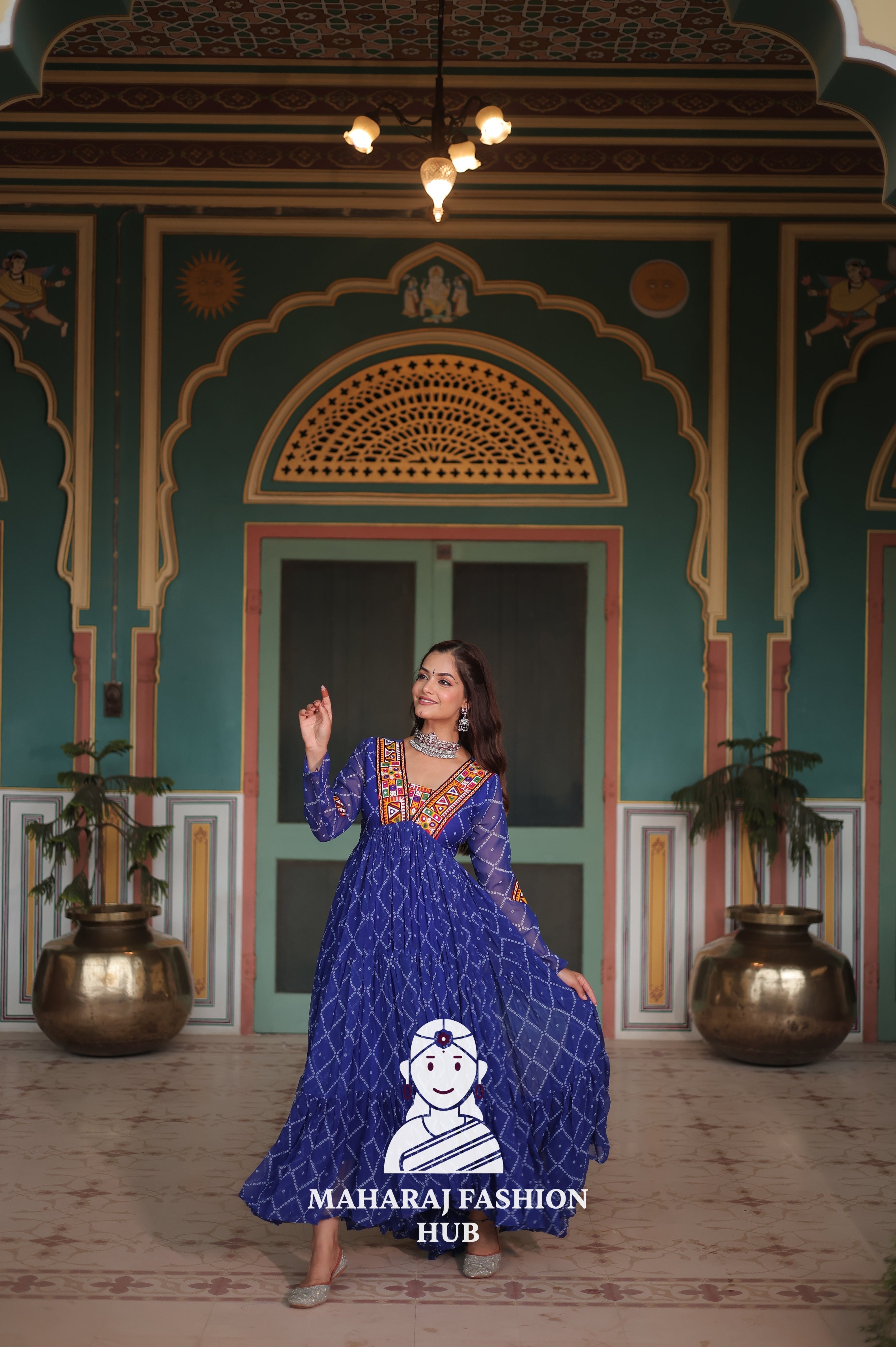 Bandhani Print Faux Georgette Gown with Kutchi Patchwork Detailing