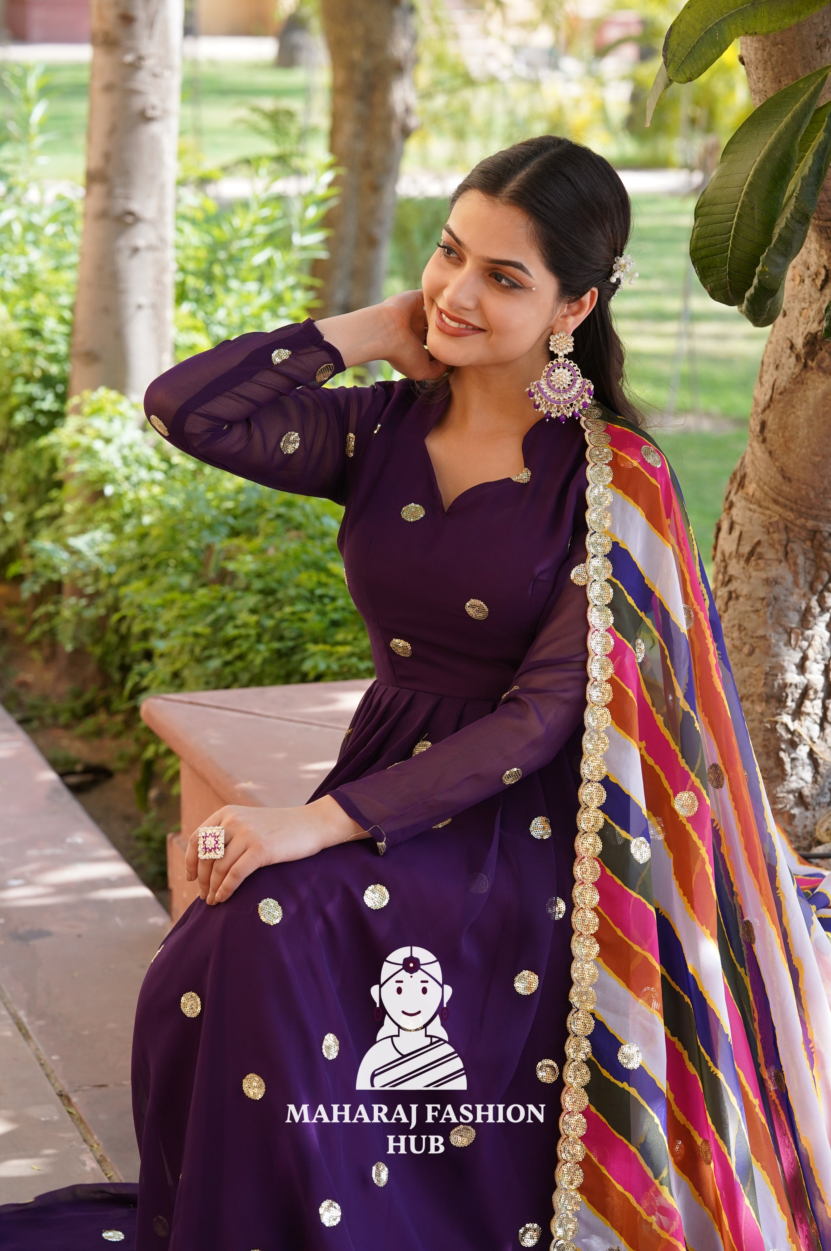 Full Sleeve Special Designer Gown with V Neck & Embroidered Russian Silk Dupatta