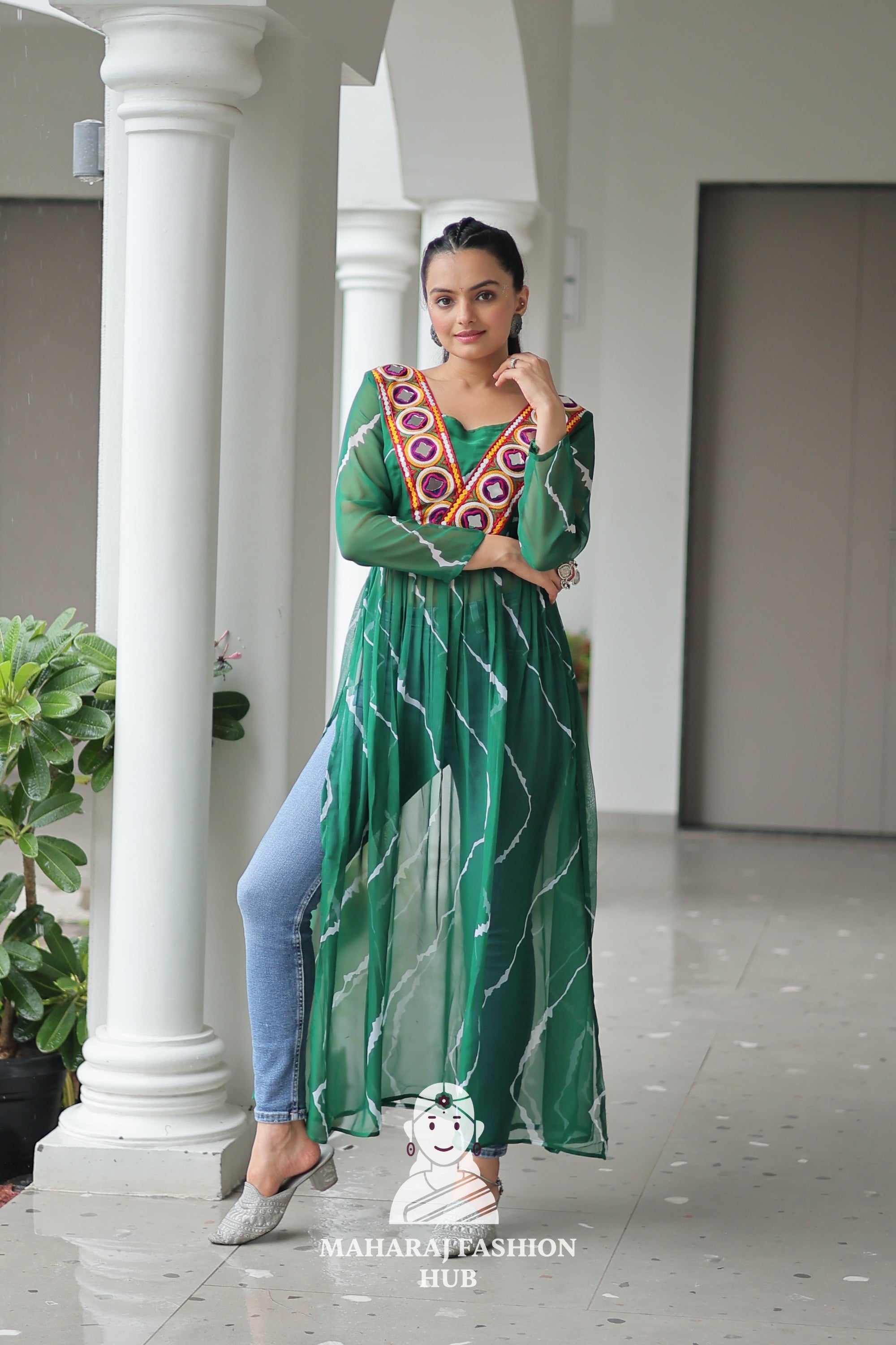 Traditional Faux Georgette Leheriya Patchwork Festive Navratri Kurti 💫🪔