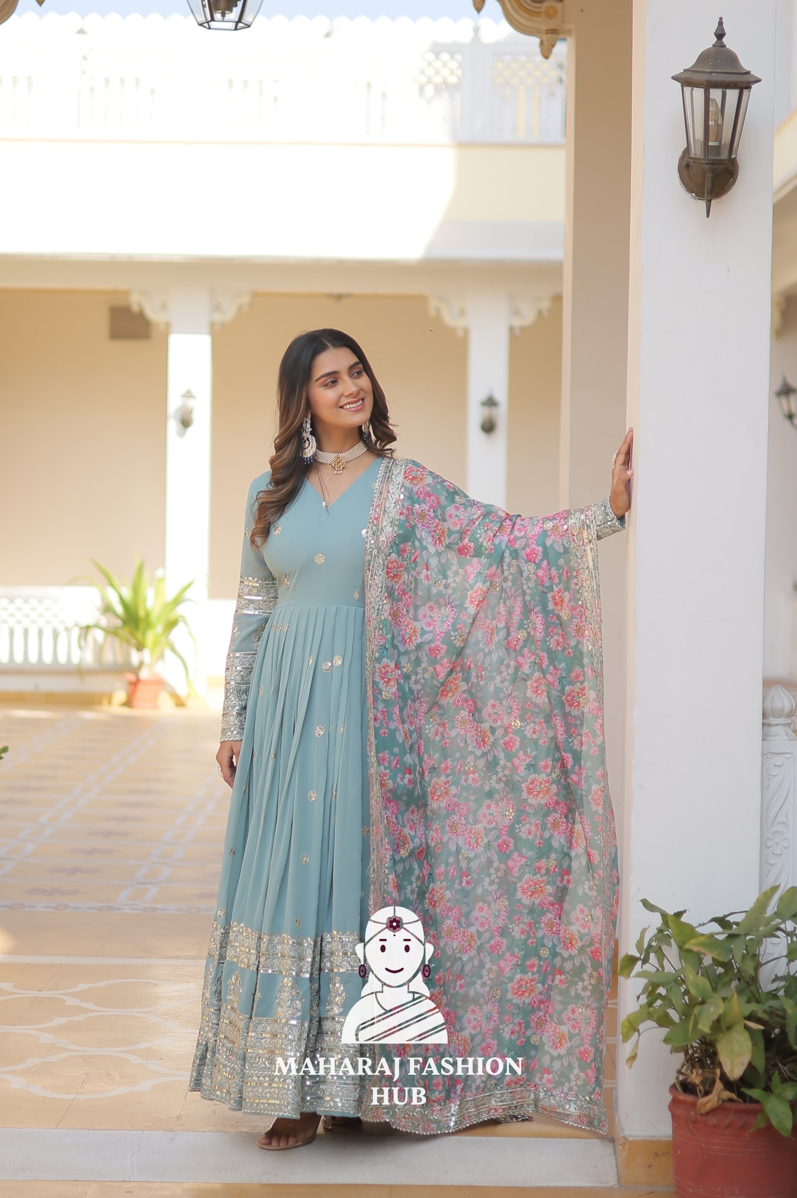 V Neck Faux Georgette Gown with Full Sleeves and Embroidered Silk Dupatta