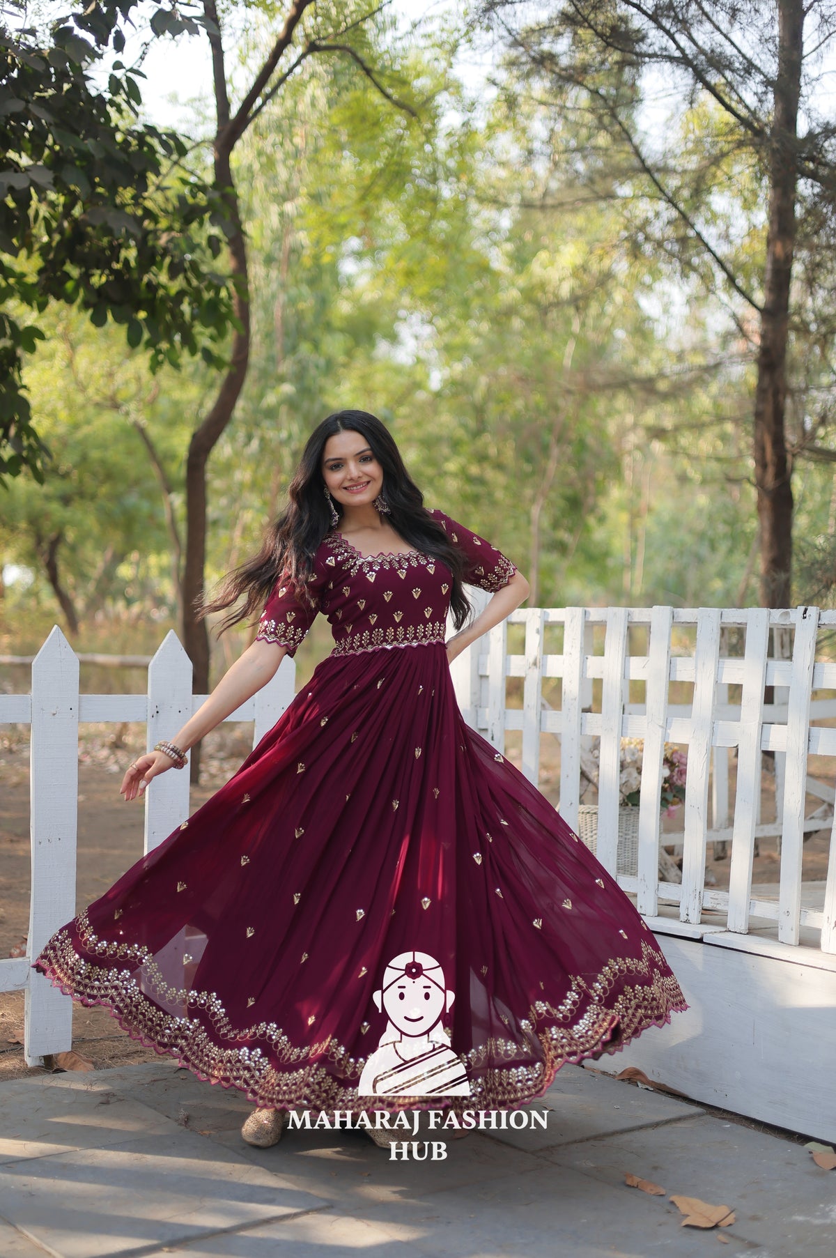 Elegant Faux Blooming Fabric Gown with Cut Work Sleeves
