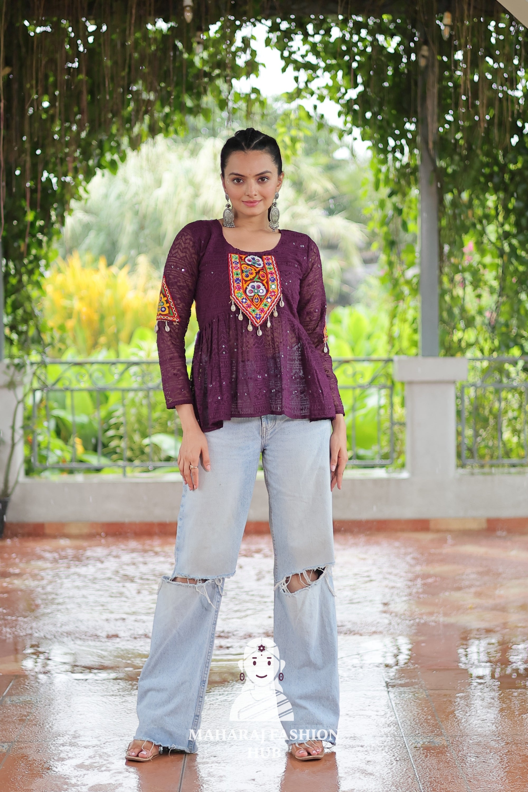 Elegant Kutchi Gamthi Schiffli Embroidery Georgette Peplum Top 🌸👑