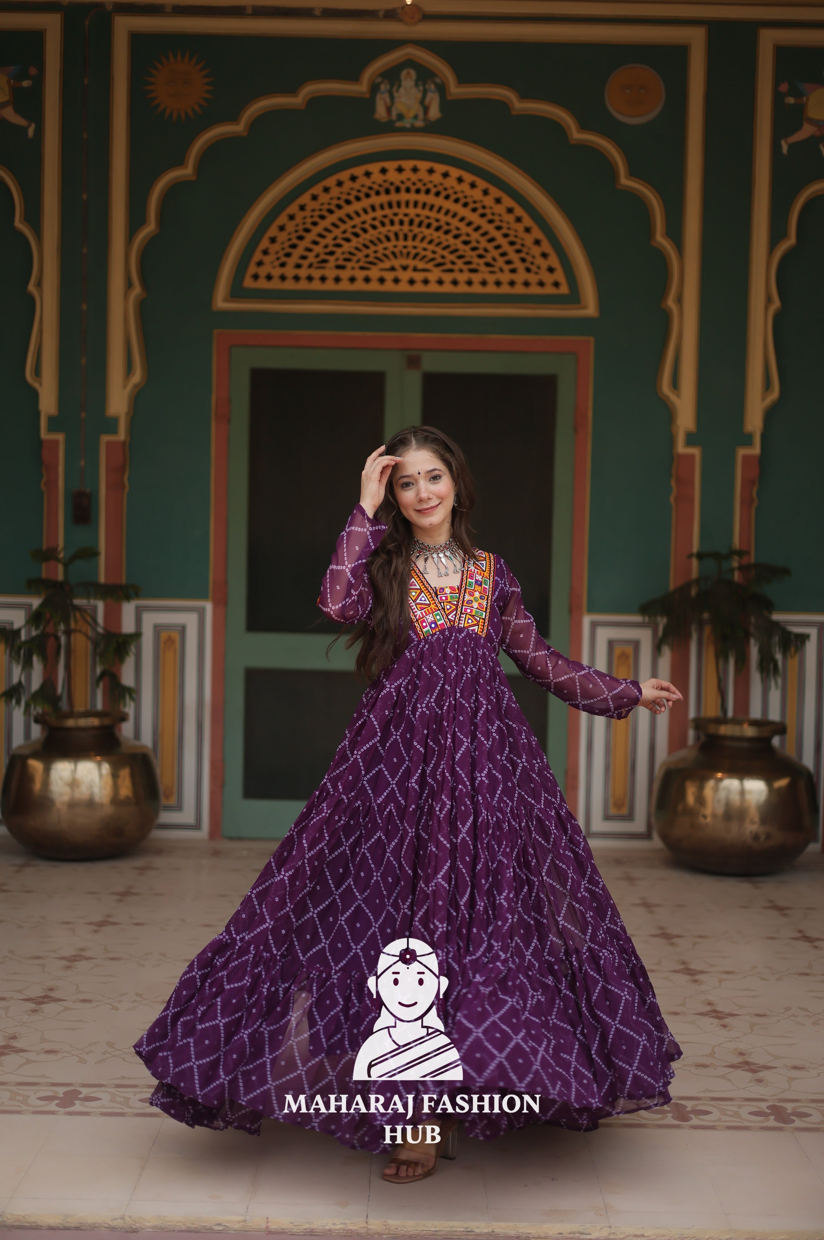 Faux Georgette Gown with Kutchi Patch and Bandhani Artistry