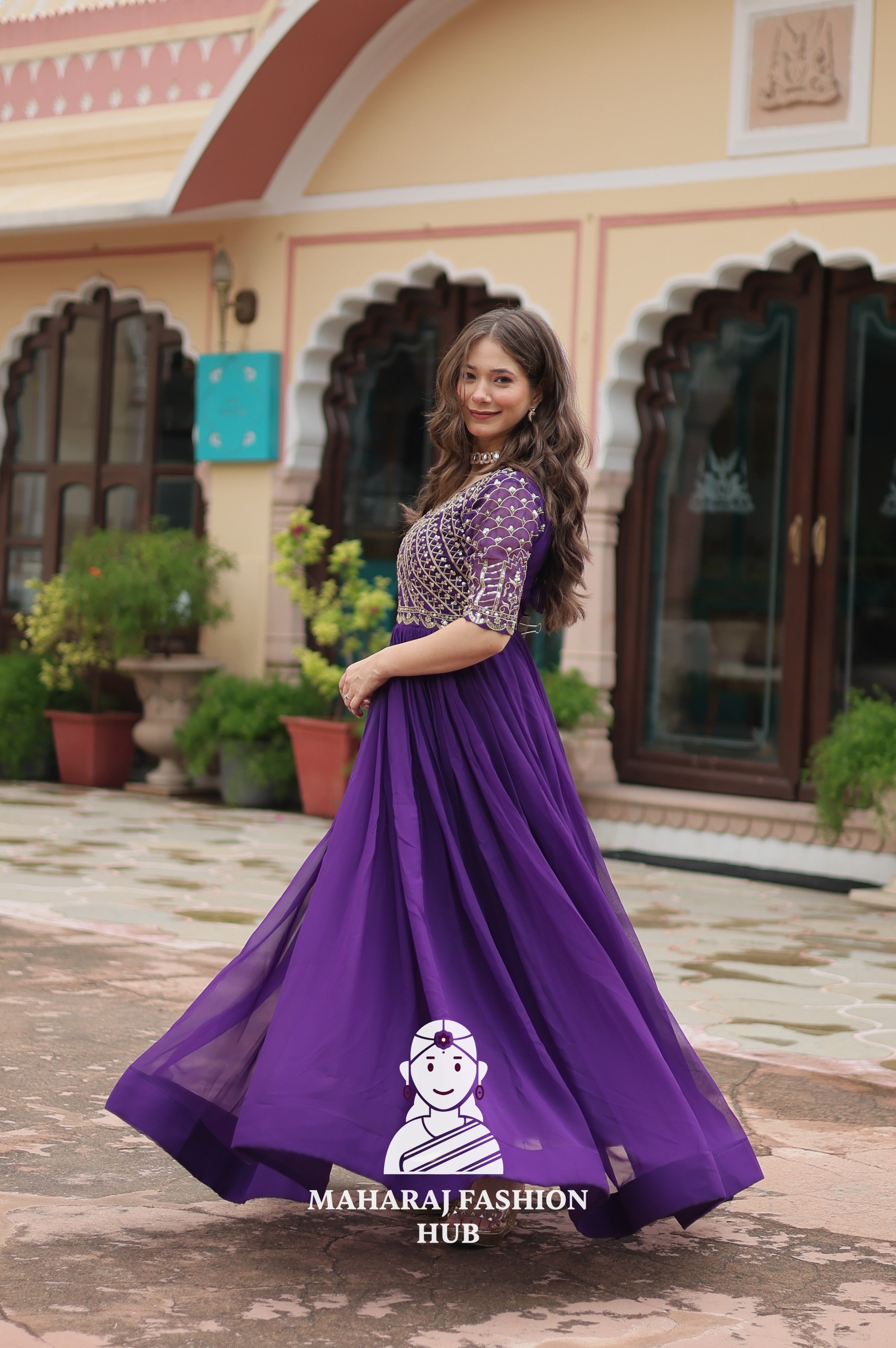 Designer Faux Blooming Gown with Zari Sequins Detailing