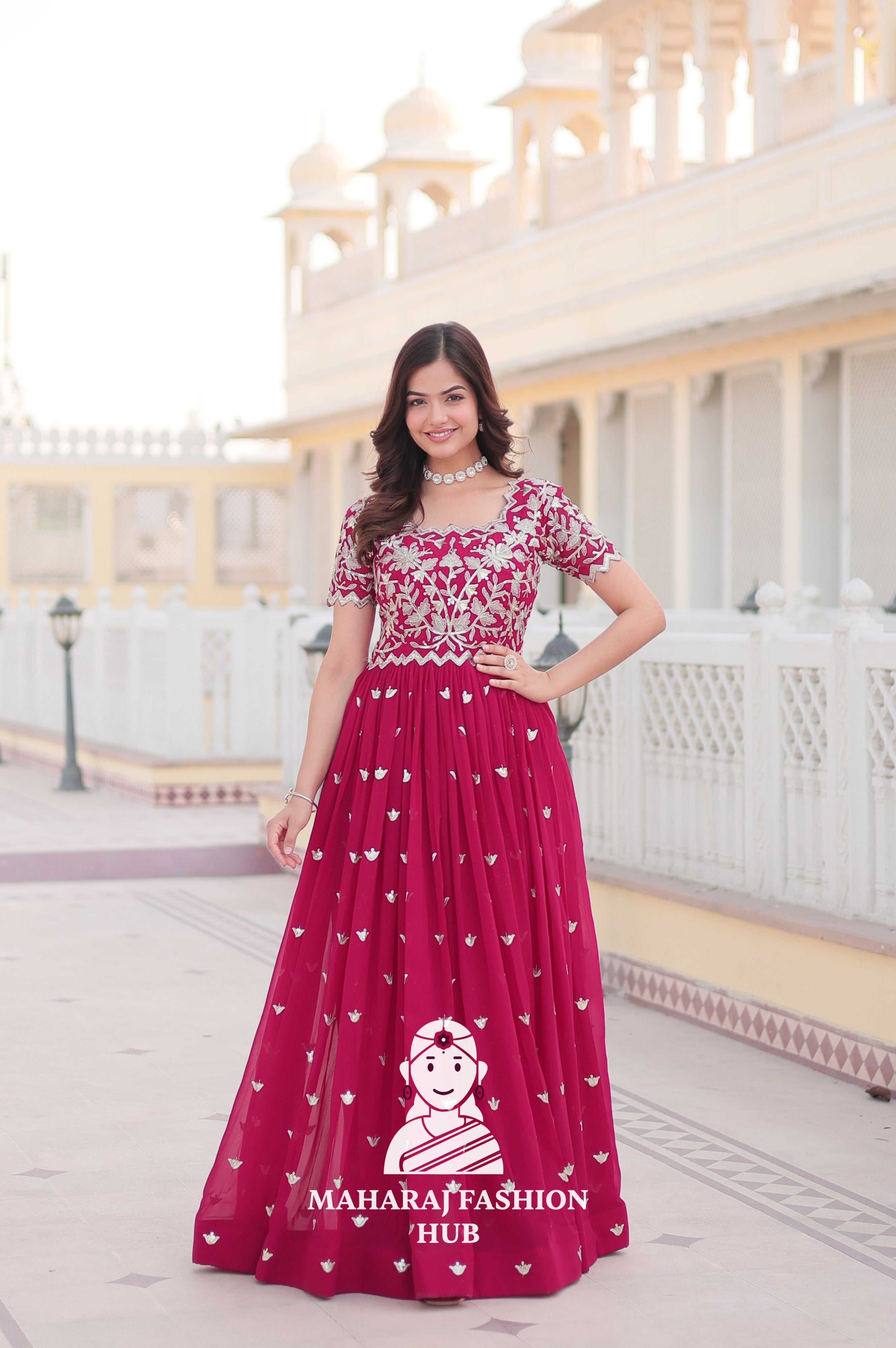 Canvas Patta Stitched Special Designer Gown with Embroidered Cut-Work Sleeves