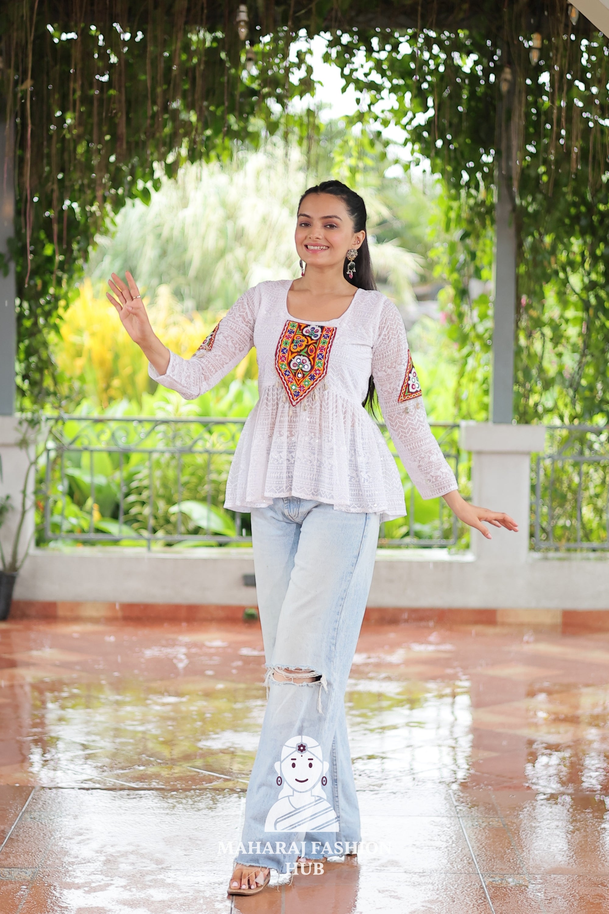 Celebrate Traditions – Stylish Schiffli Kutchi Patchwork Peplum Top 💫🎶