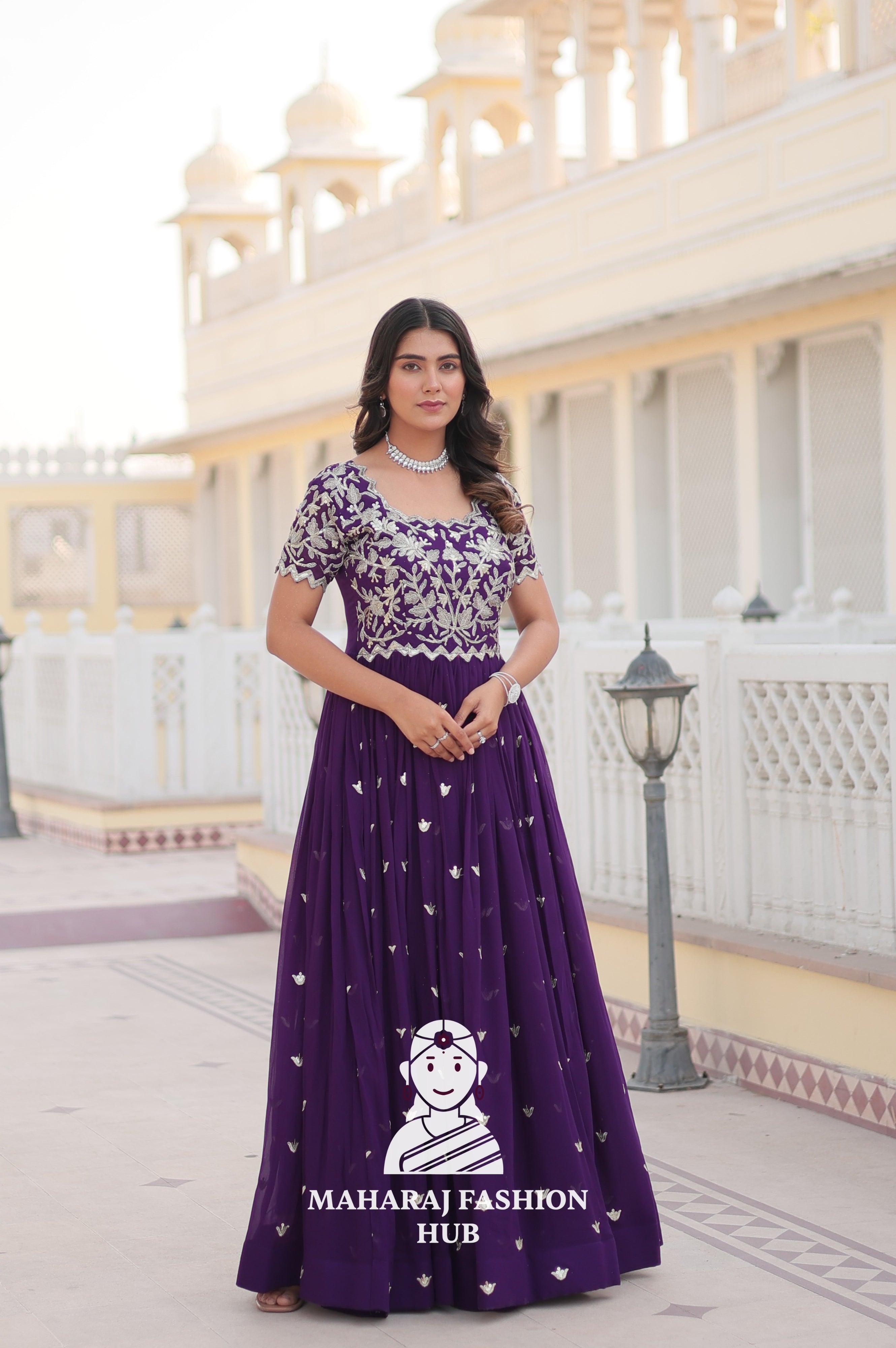 Faux Blooming Special Designer Gown with Cut-Work Sleeves & Canvas Stitching