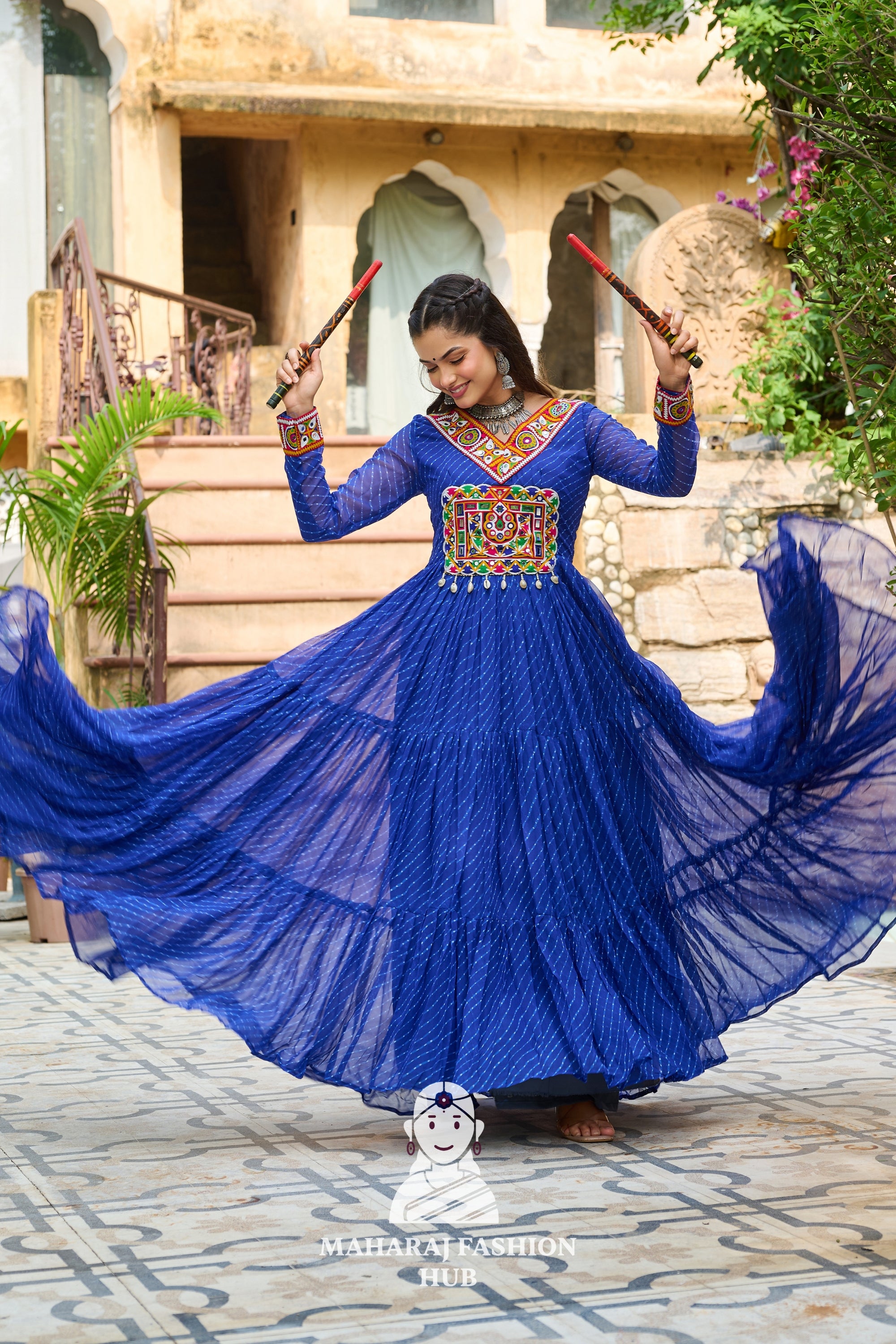 Navratri - Premium Faux Georgette Kutchi Patchwork Laheriya Navratri Gown Style 🎨🪔