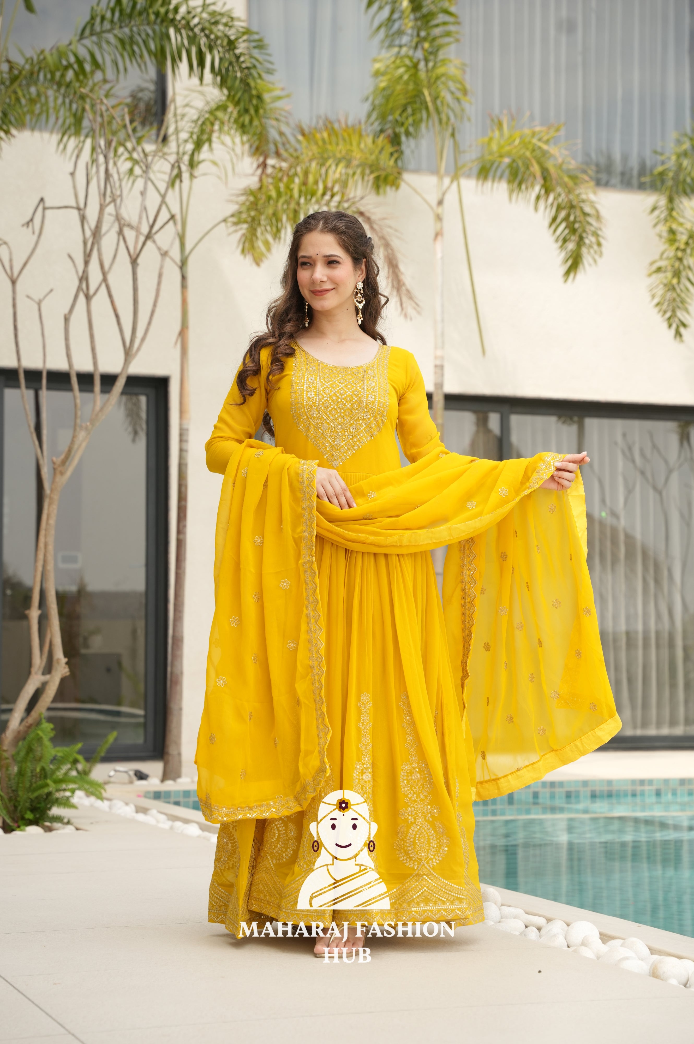 🌸 Classic Round Neck Ethnic Gown with Sequins Embroidery - Special Designer Gown