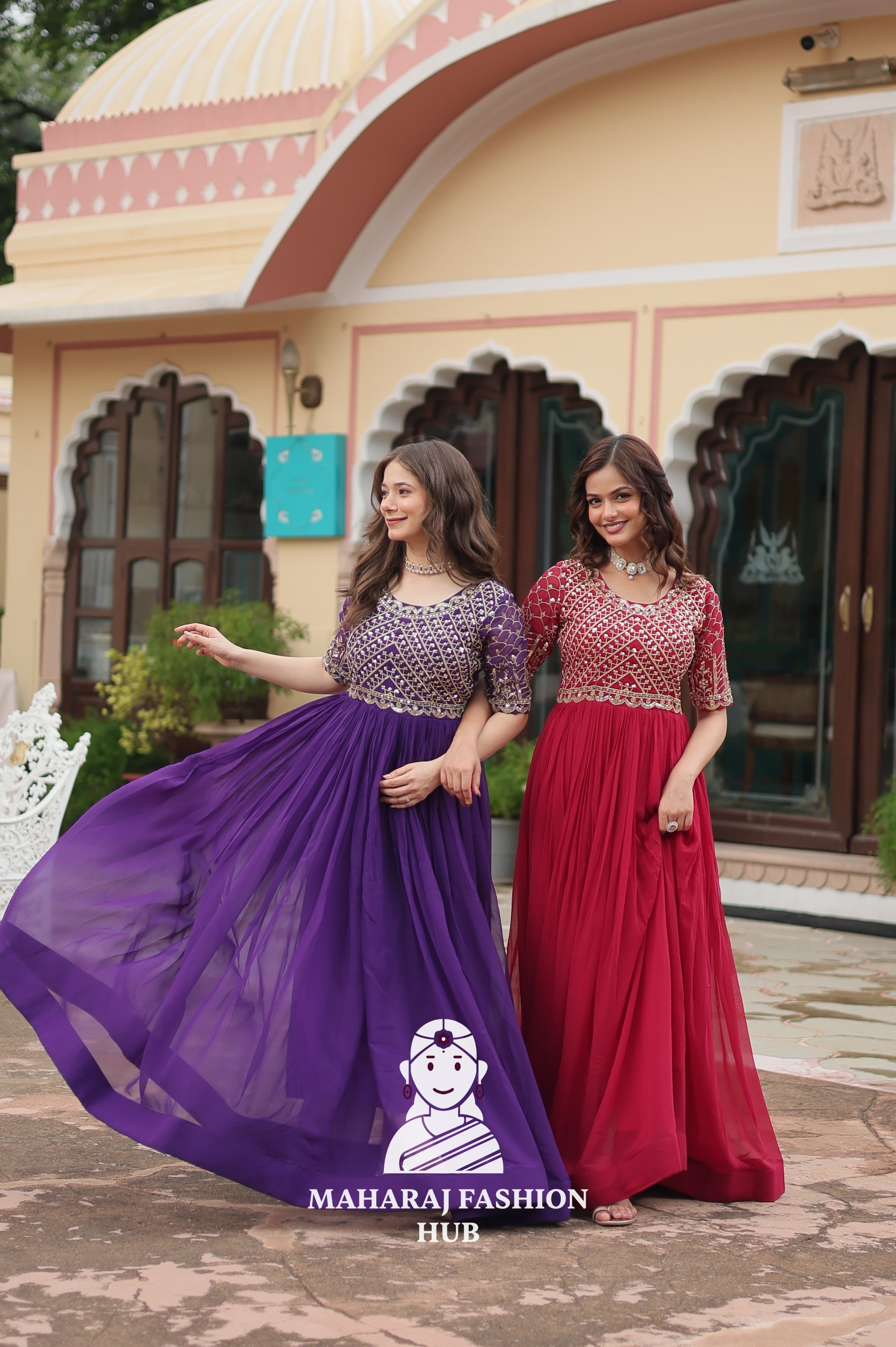 Stunning Embroidered Fabric Gown with Classic Round Neck - Combo Offer Gown