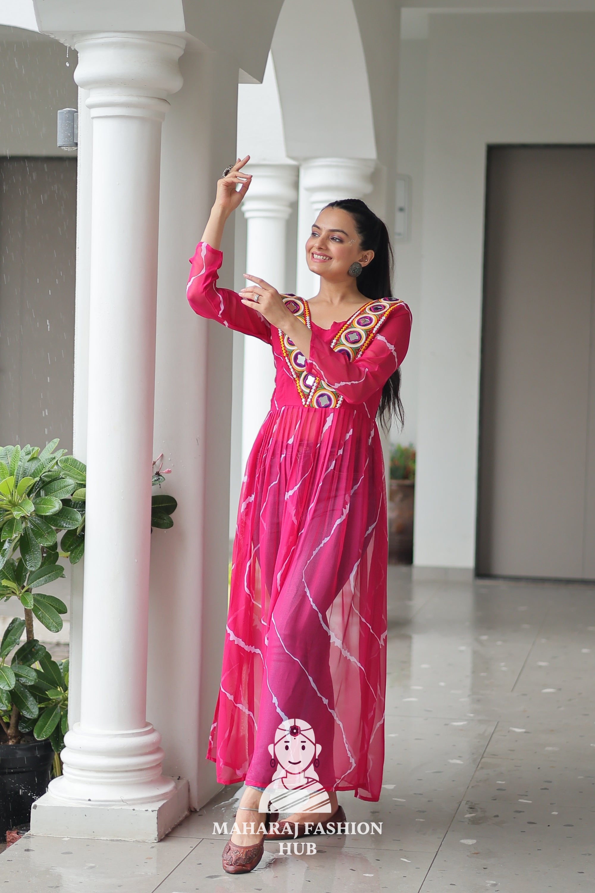 Navratri - Premium Faux Georgette Leheriya Kutchi Patchwork Navratri Kurti 🎶💃