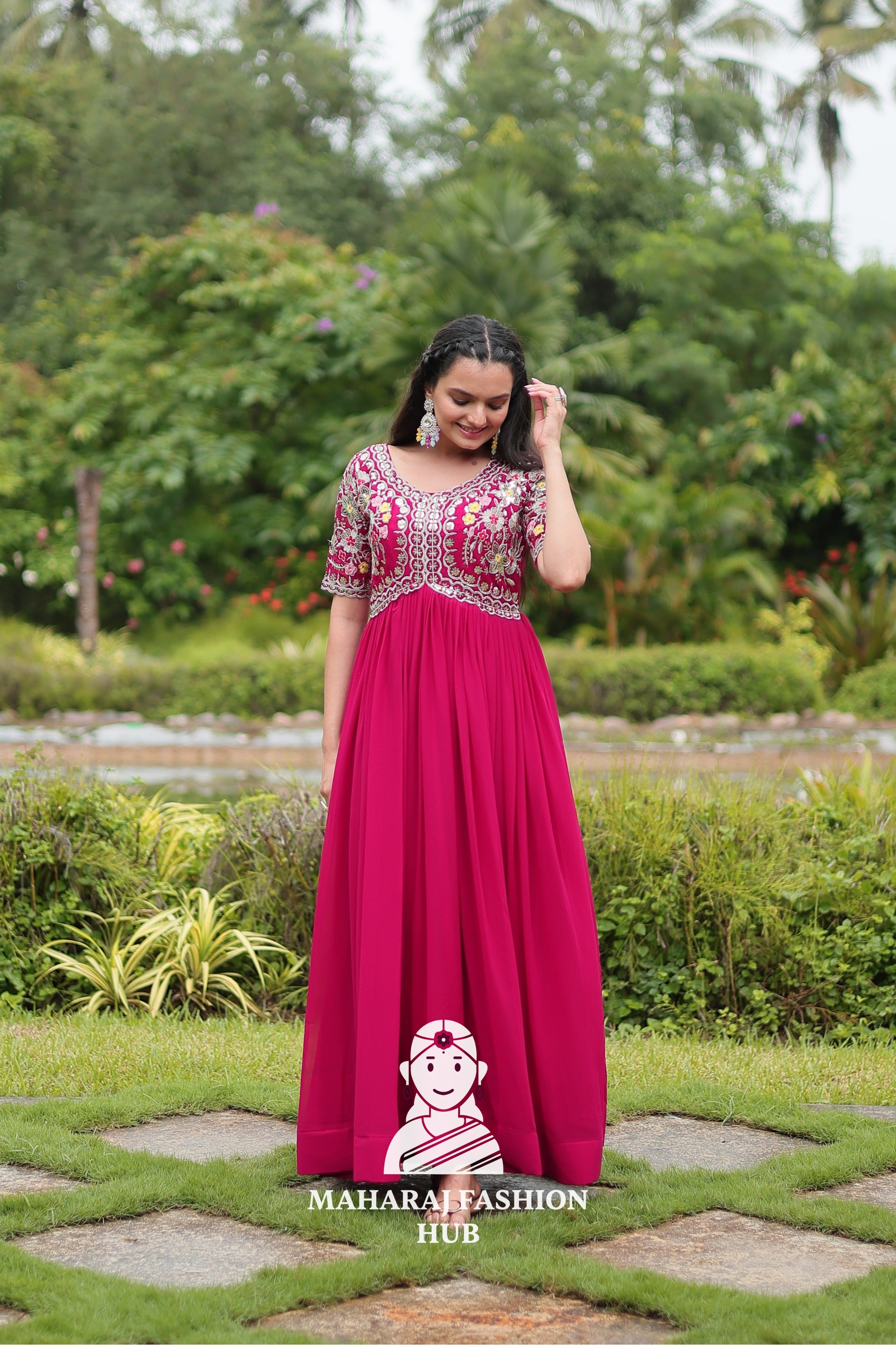 Half Sleeve Faux Blooming Fabric Gown with Luxe Finish