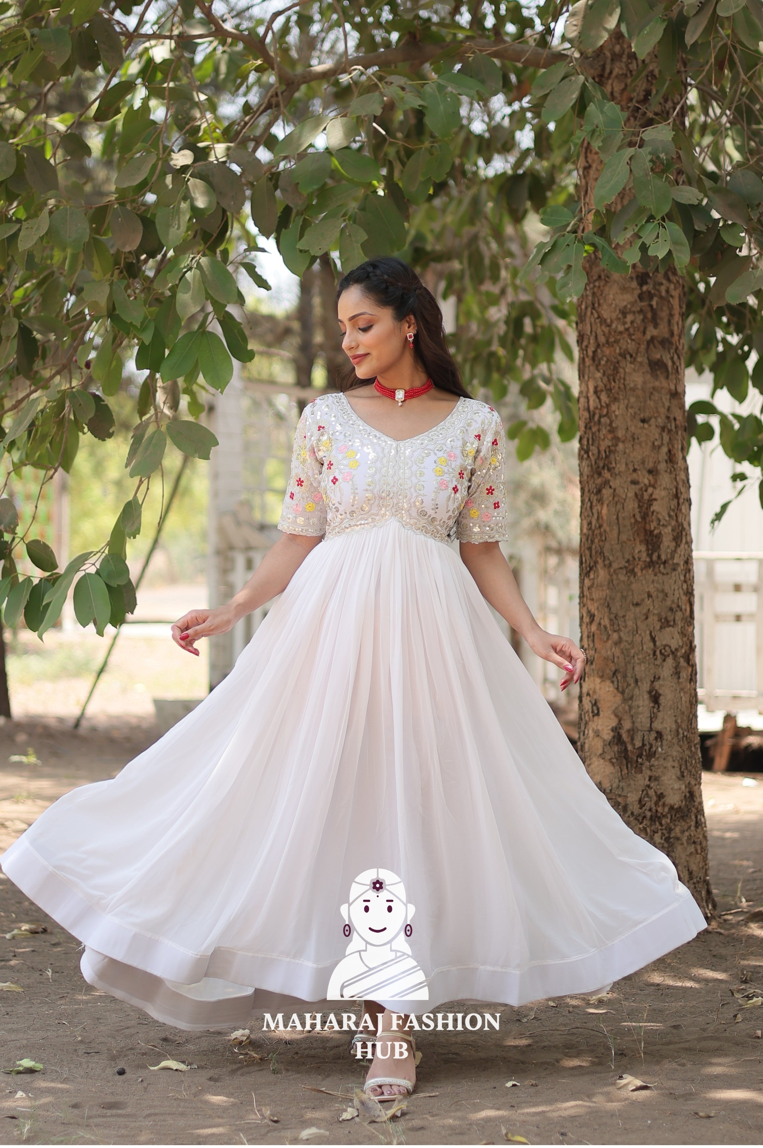 Elegant Embroidered Fabric Gown with Modern V Neckline
