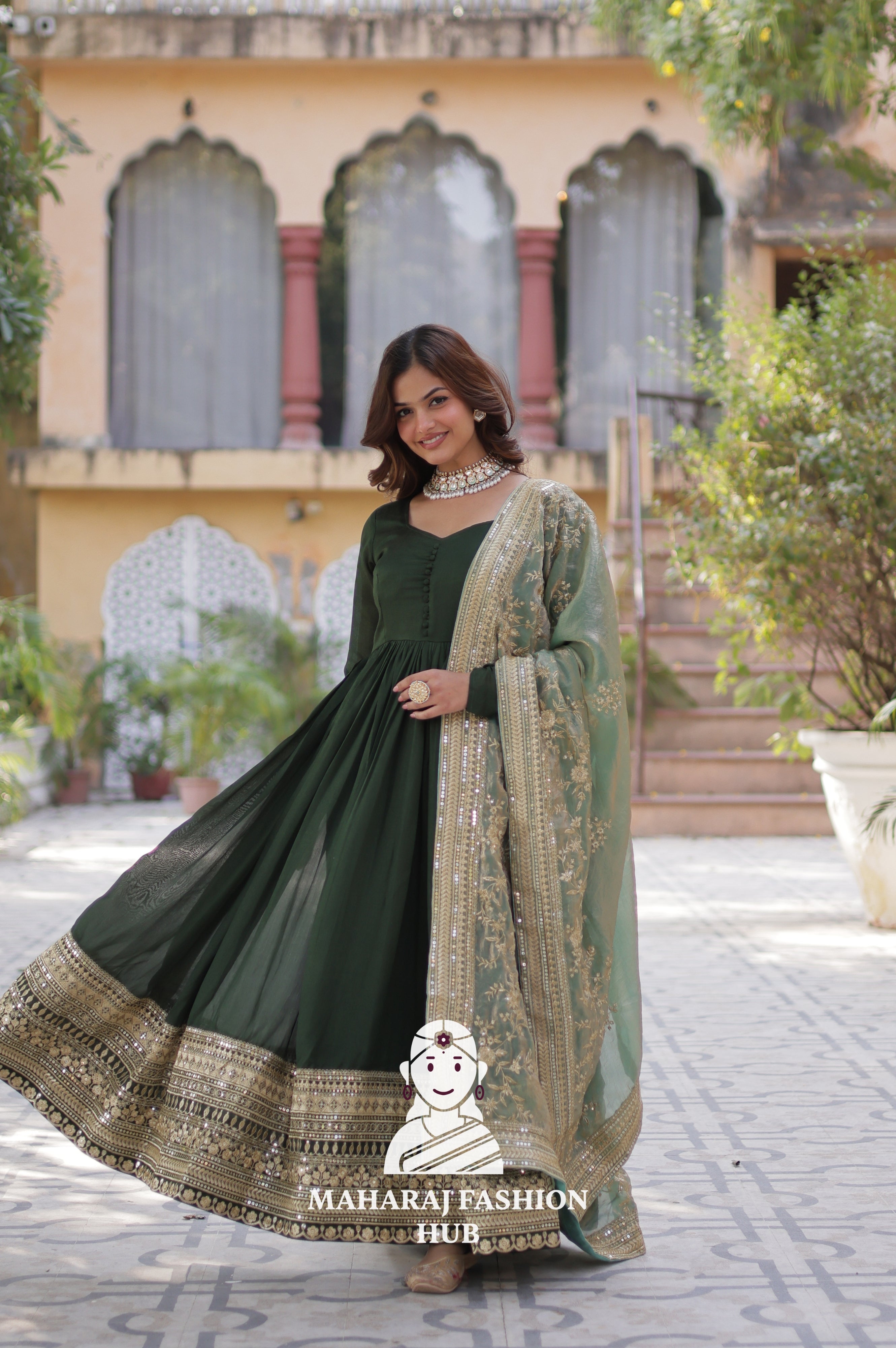 🎀 Ethnic Radiance in Vichitra with Full Sleeves & V-Neck - Special Designer Gown