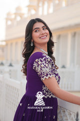 Faux Blooming Special Designer Gown with Cut-Work Sleeves & Canvas Stitching