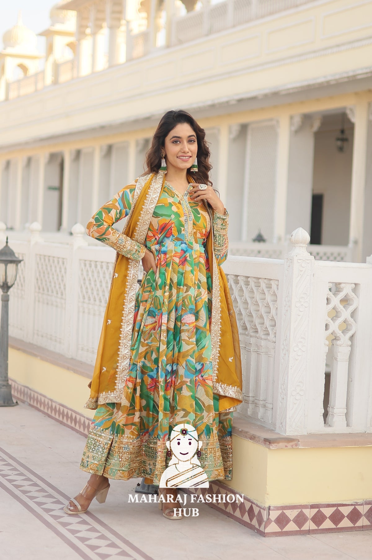 Embroidered Russian Silk Gown Set with Fancy V Neck - Special Designer Gown