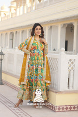 Embroidered Russian Silk Gown Set with Fancy V Neck - Special Designer Gown