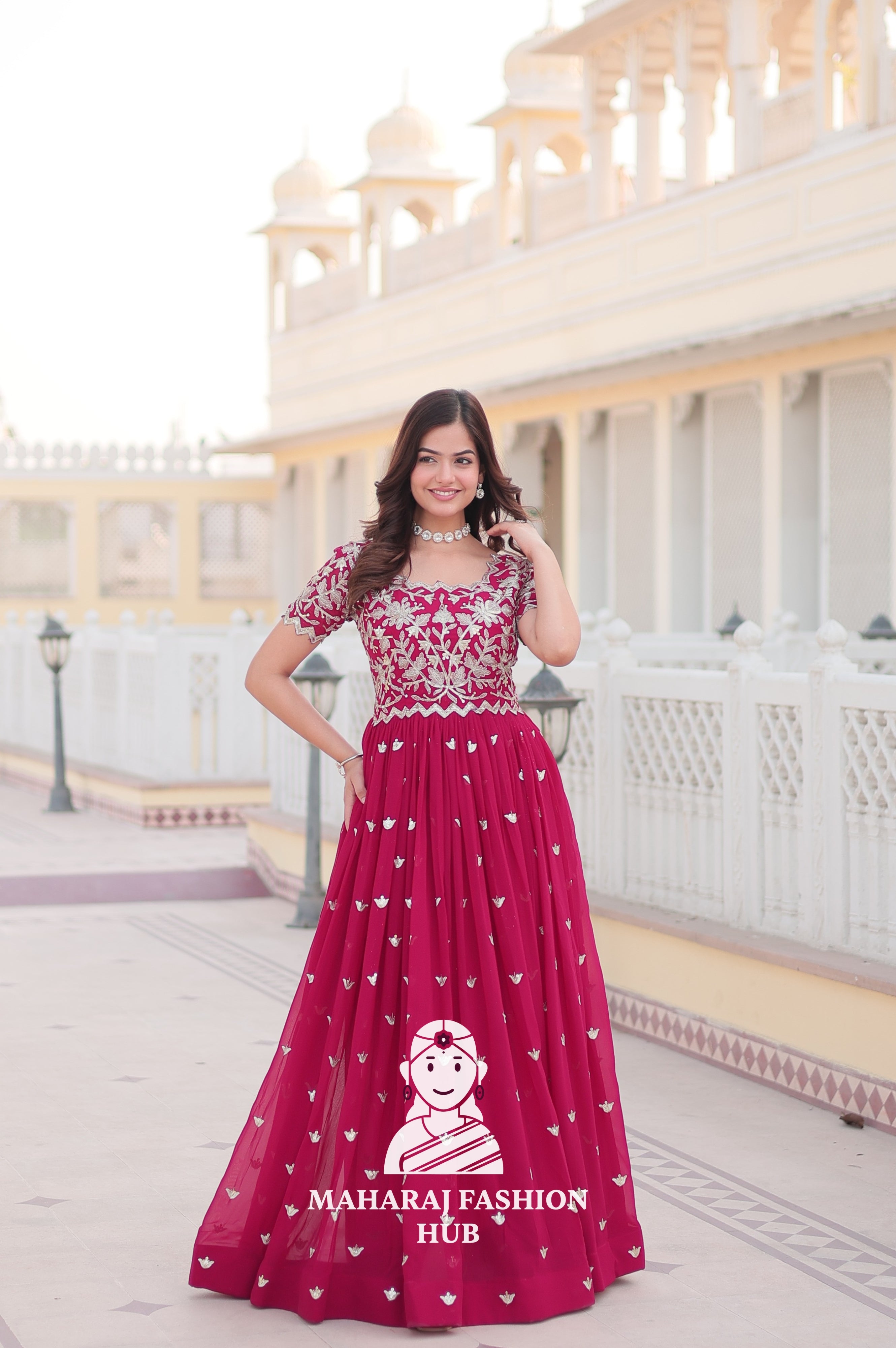 Canvas Patta Stitched Special Designer Gown with Embroidered Cut-Work Sleeves