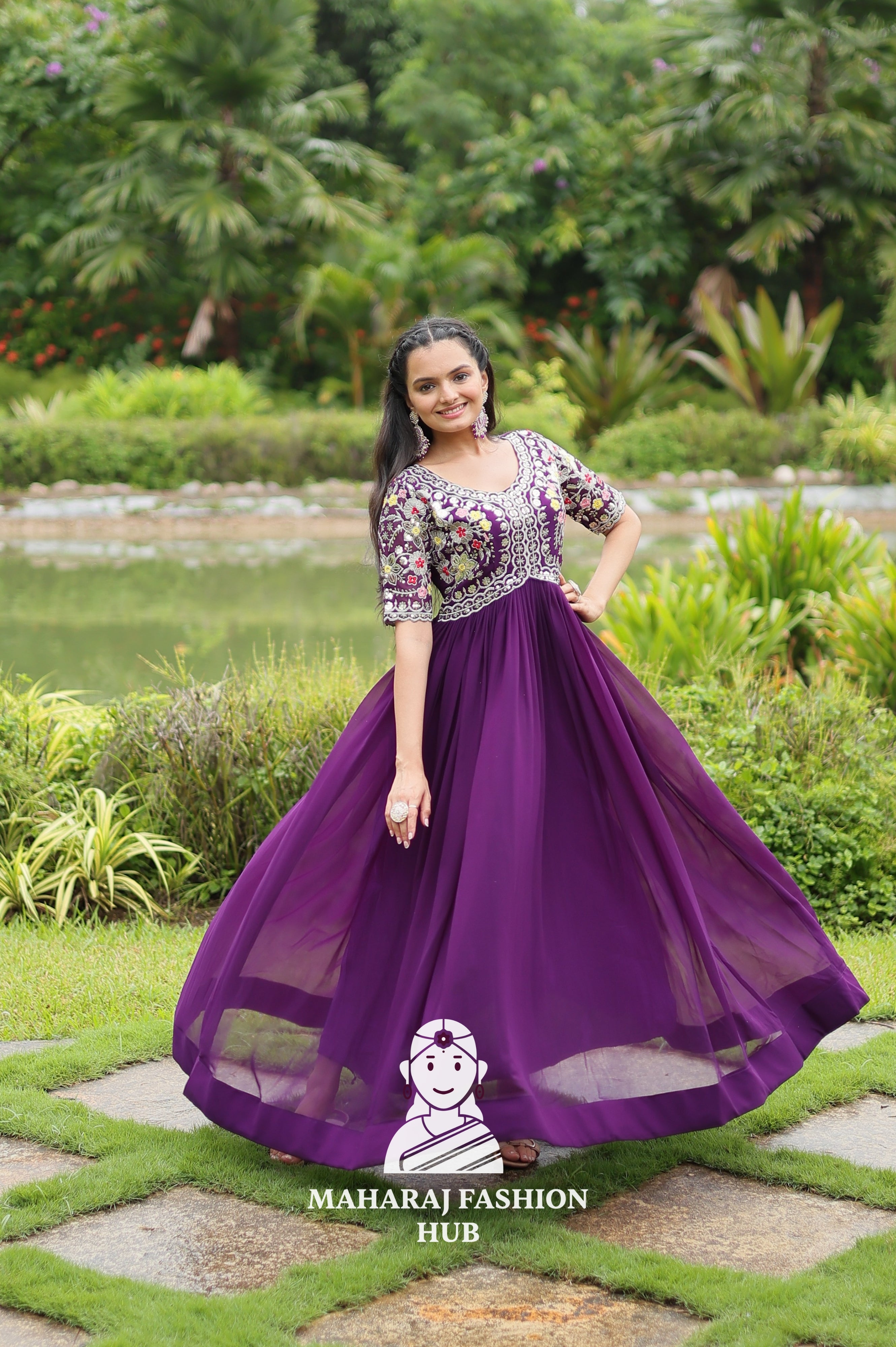Designer Faux Blooming Gown Crafted for Festive Moments