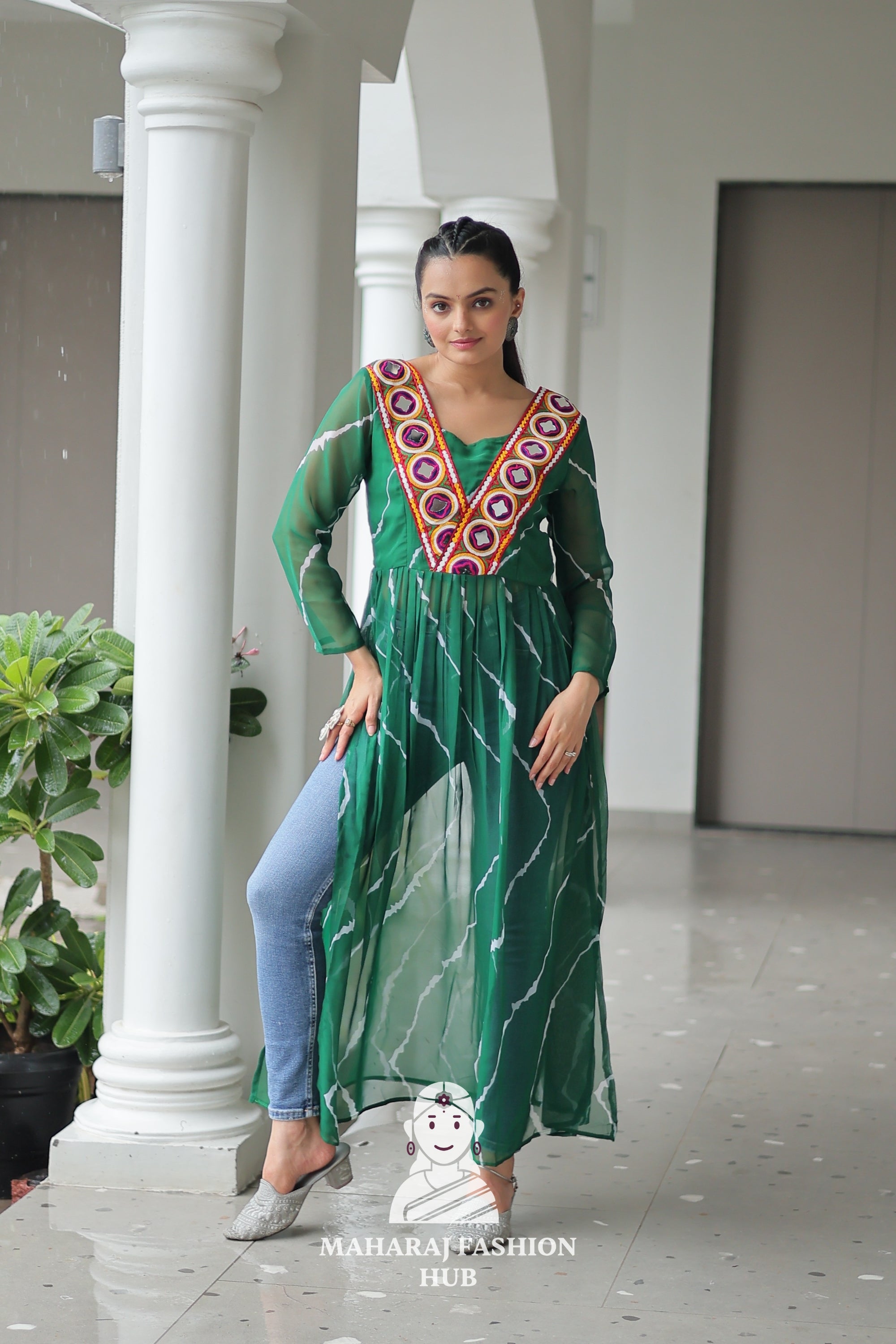 Traditional Faux Georgette Leheriya Patchwork Festive Navratri Kurti 💫🪔