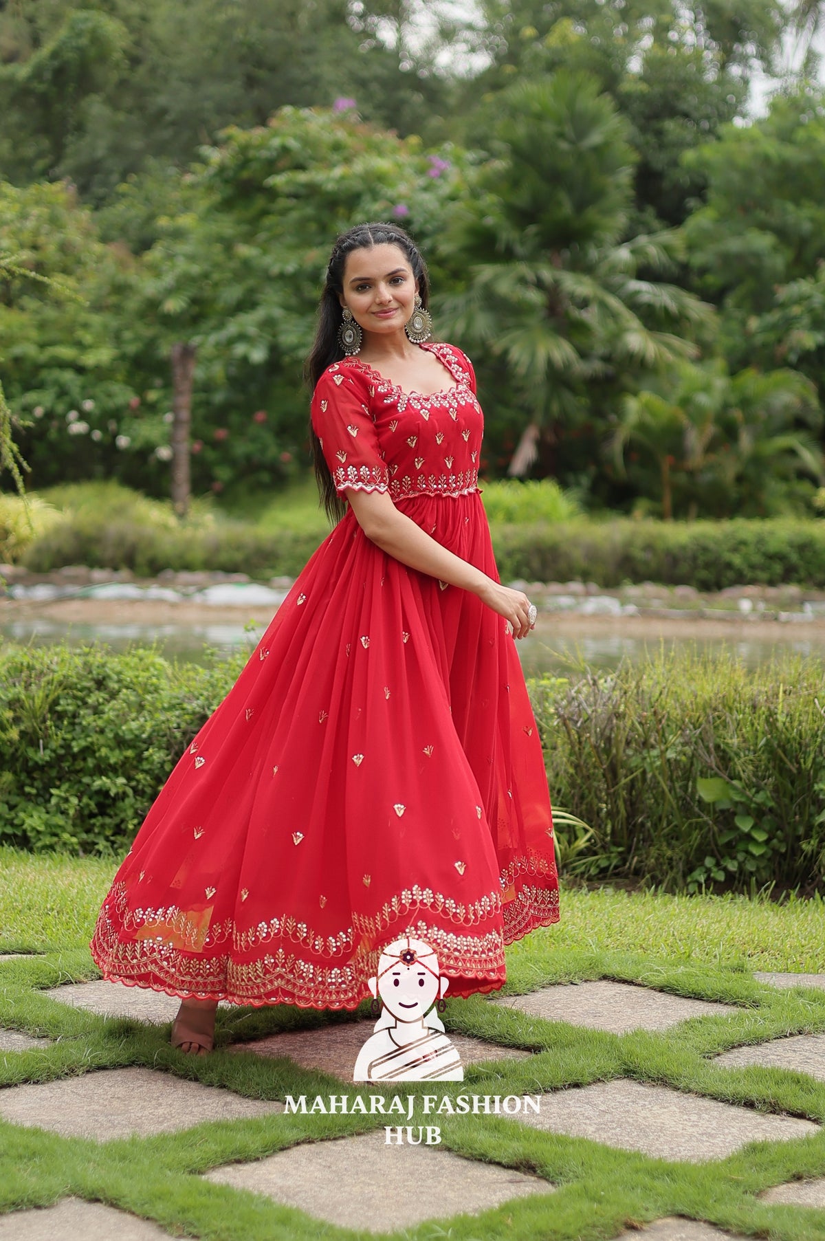 Sequins Embroidered Fabric Gown with Stylish Square Neck