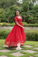 Sequins Embroidered Fabric Gown with Stylish Square Neck