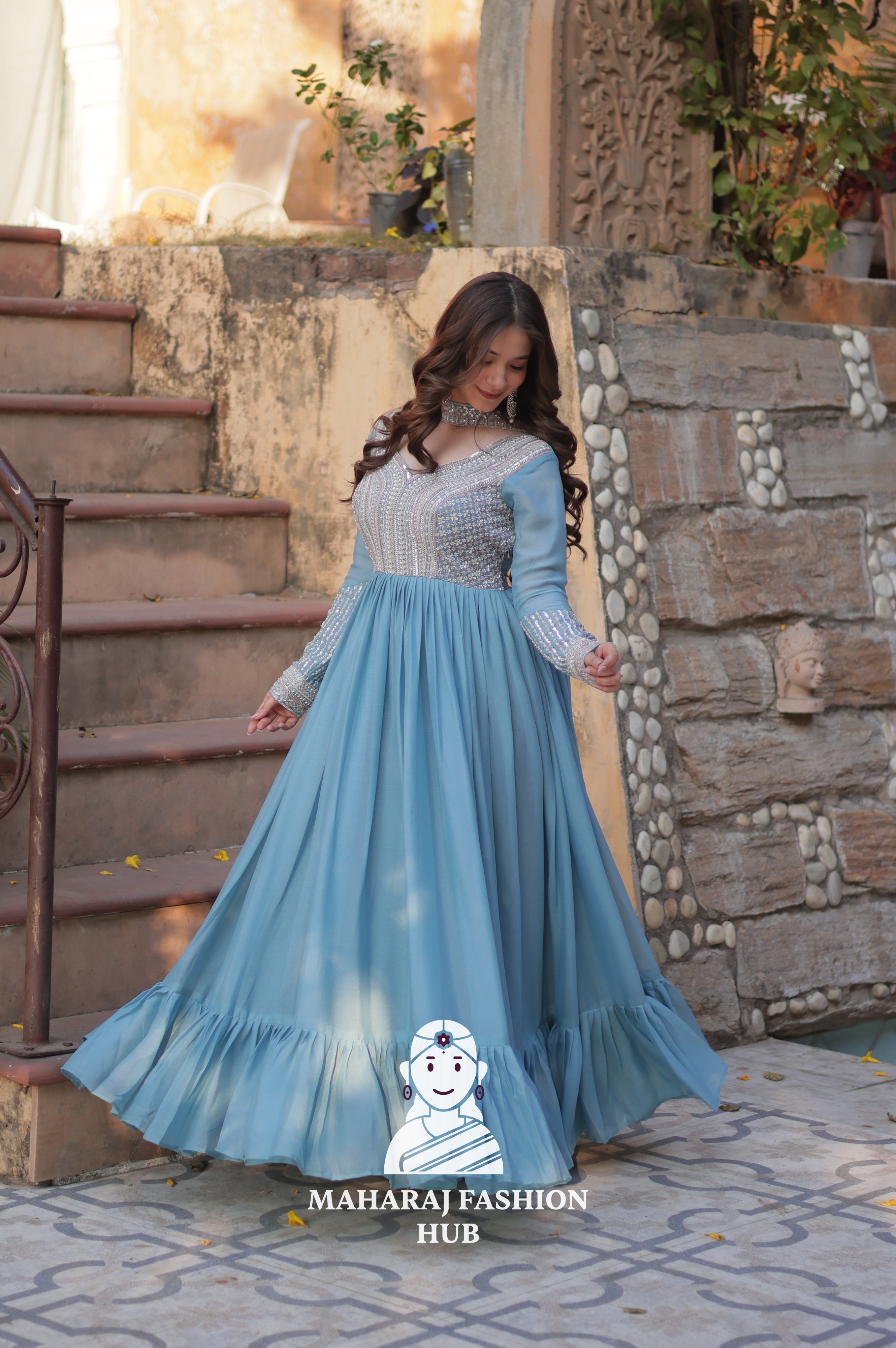 💫 Designer Gown in Star Georgette with Pan Neck & Full Embroidery - Special Designer Gown