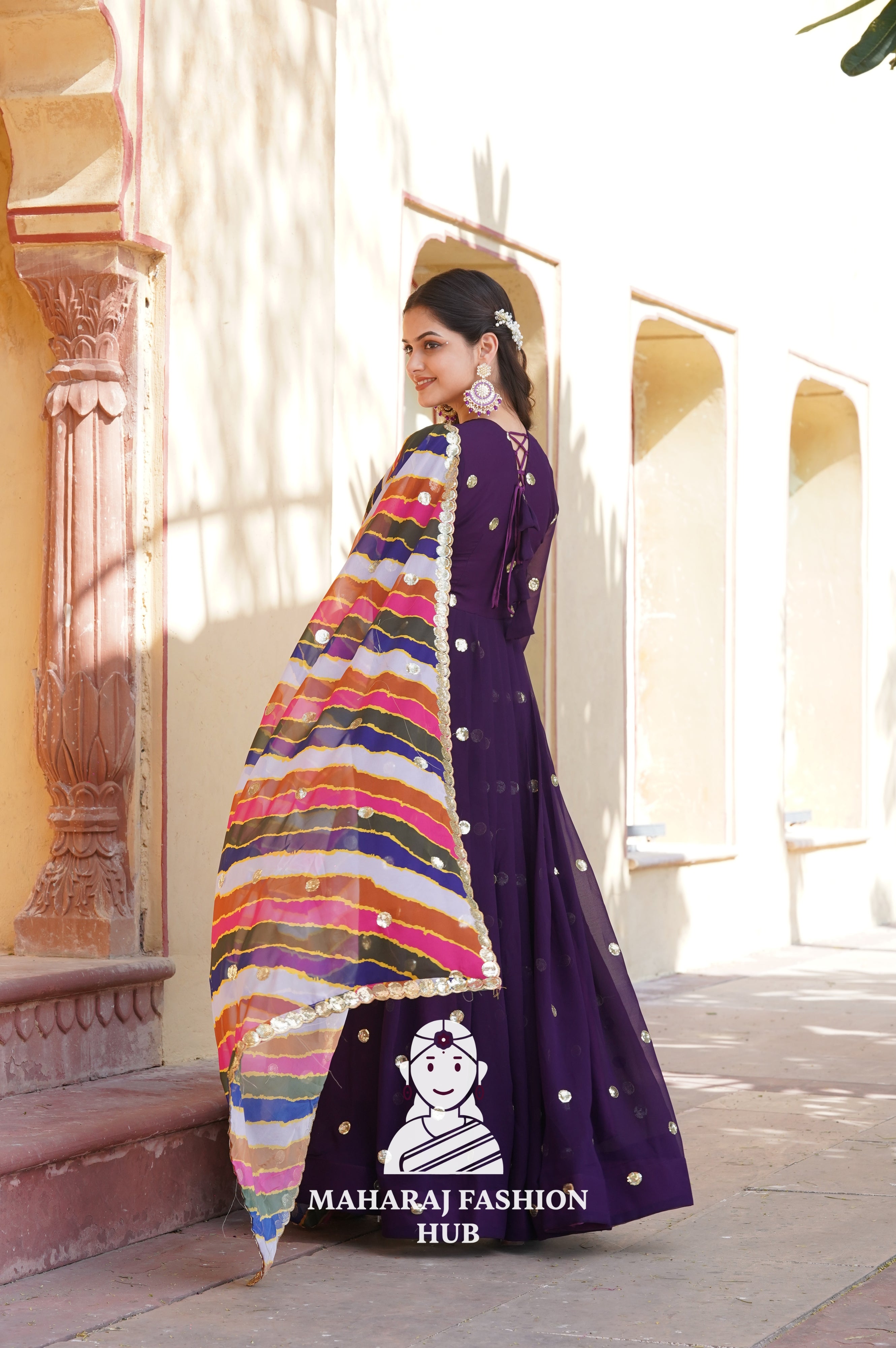 Full Sleeve Special Designer Gown with V Neck & Embroidered Russian Silk Dupatta