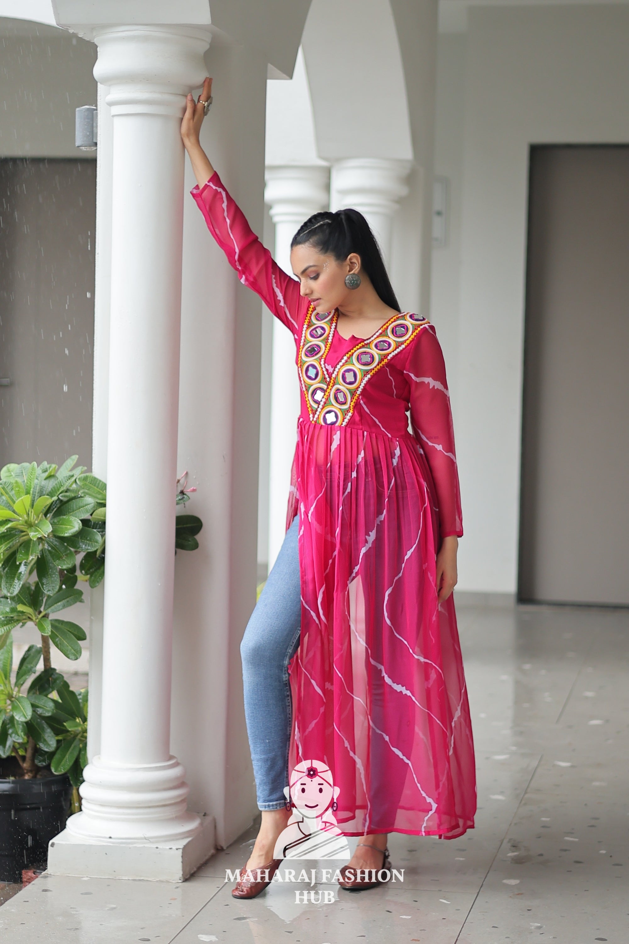 Navratri - Premium Faux Georgette Leheriya Kutchi Patchwork Navratri Kurti 🎶💃