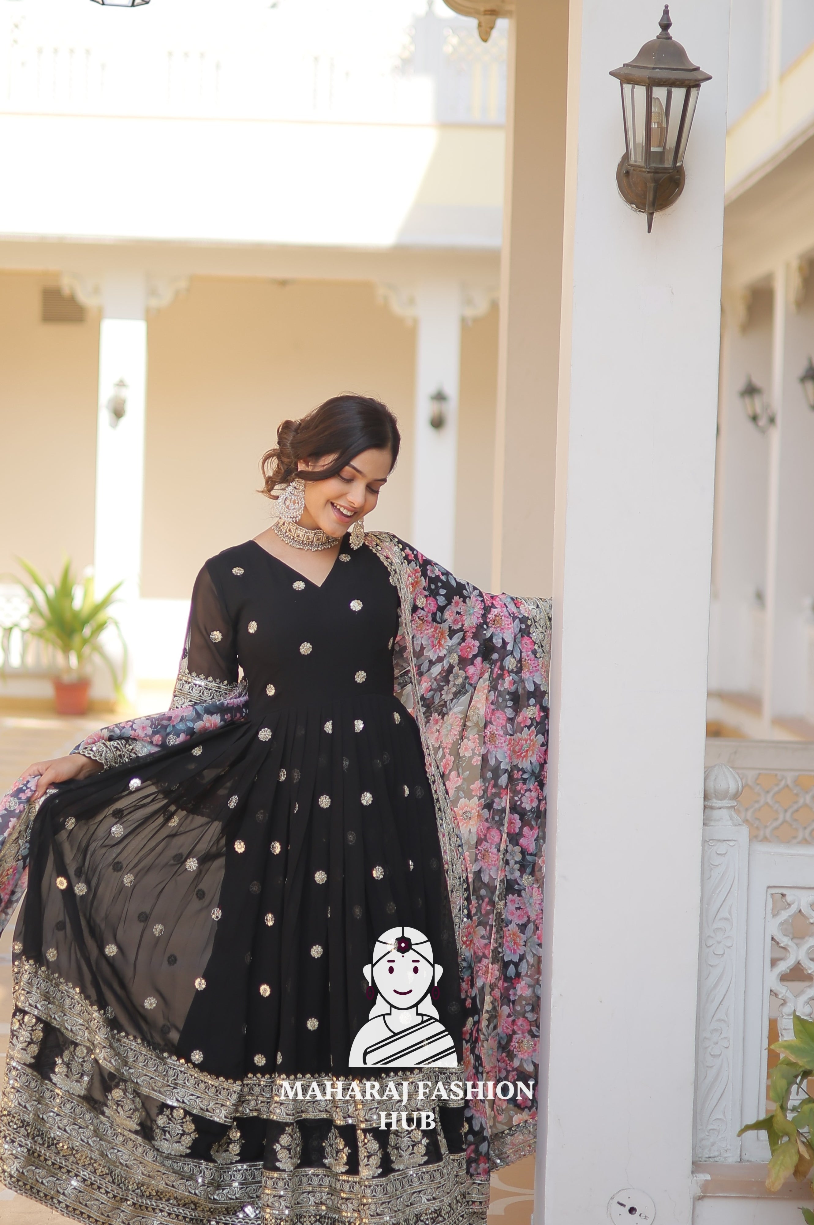 Partywear Faux Georgette Gown with Tabby Silk Cutwork Dupatta