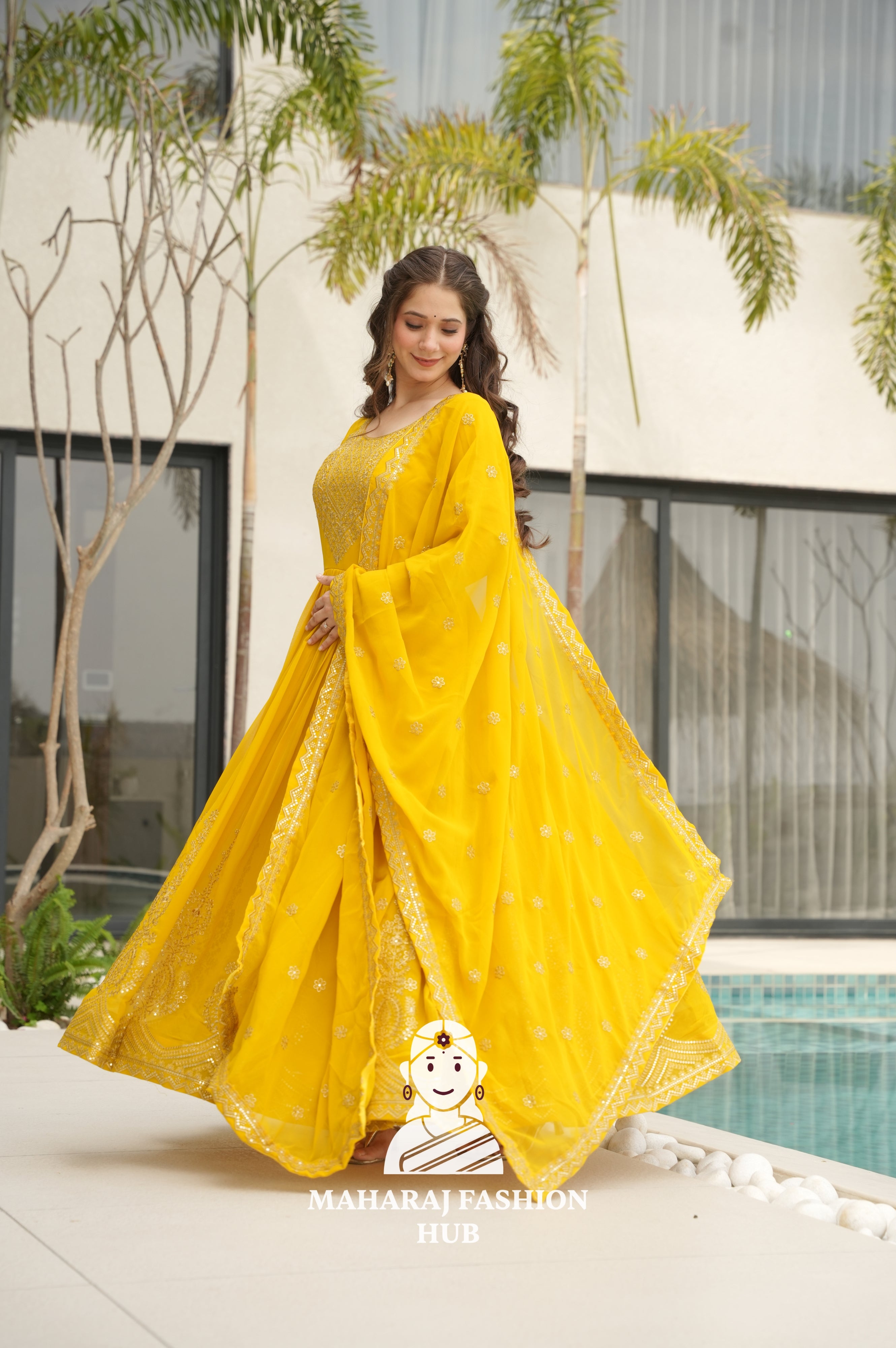 🌸 Classic Round Neck Ethnic Gown with Sequins Embroidery - Special Designer Gown