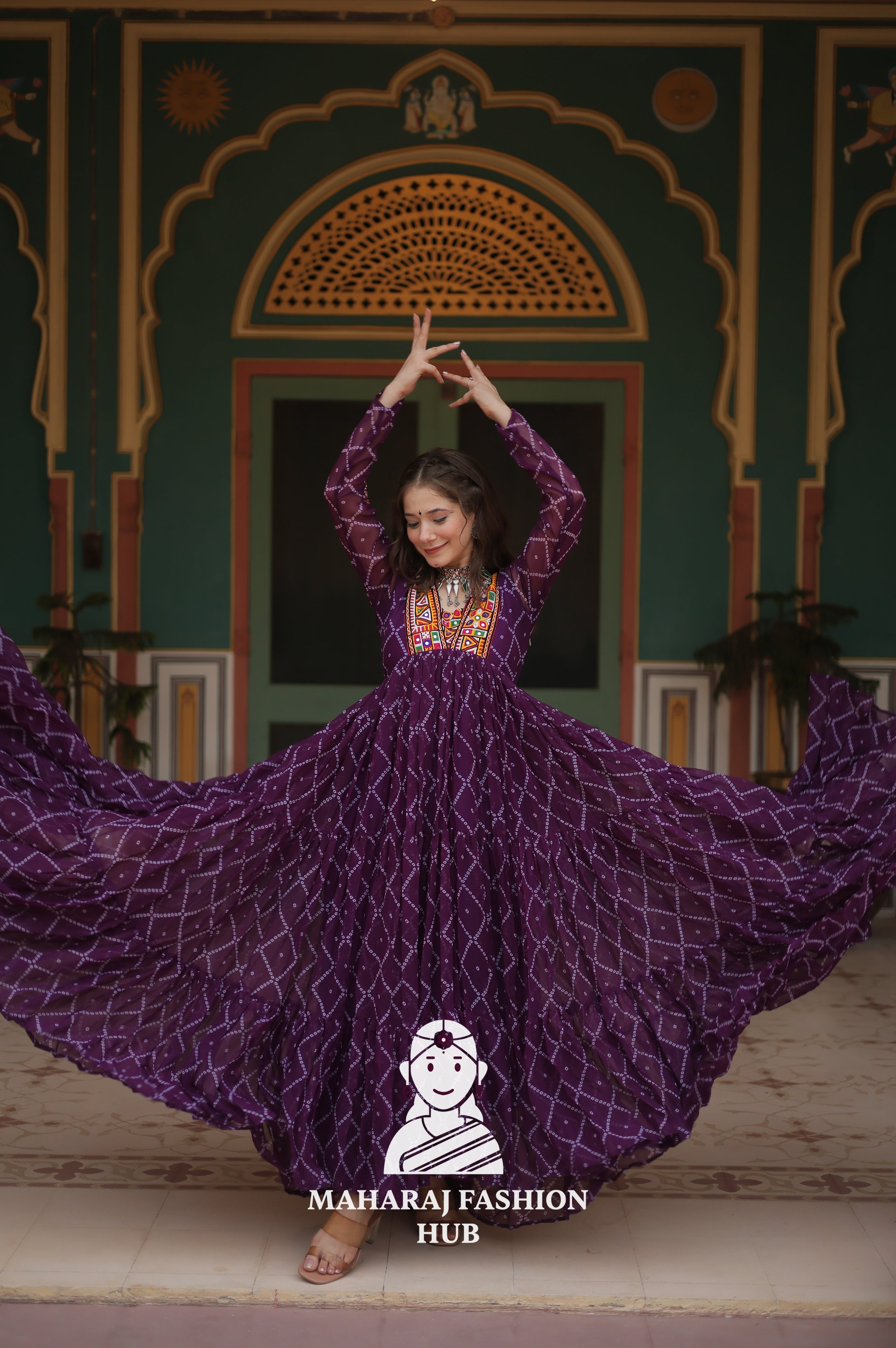 Faux Georgette Gown with Kutchi Patch and Bandhani Artistry