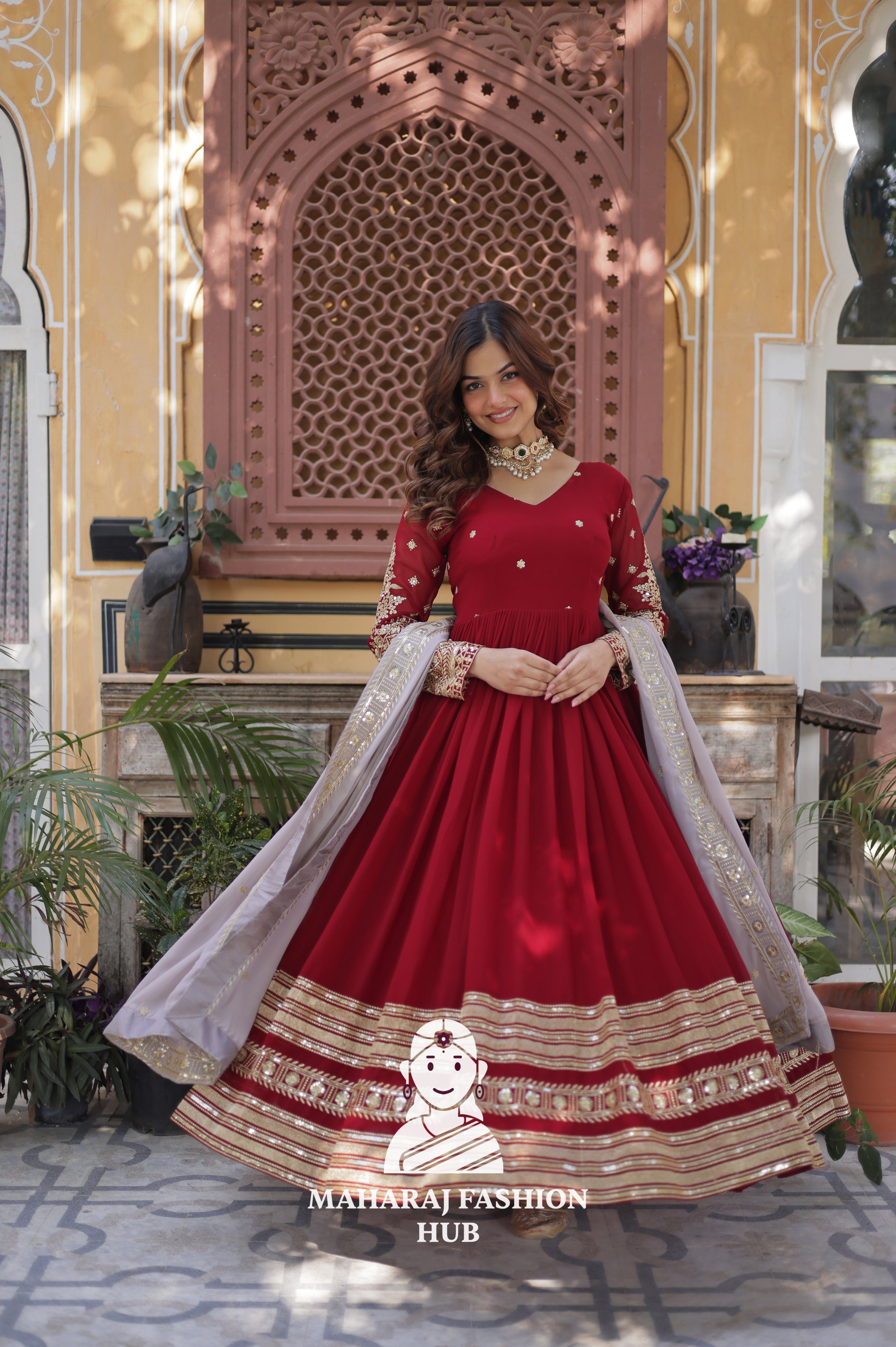💃 Fancy V-Neck Gown with Sequins Detailing & Designer Lace - Special Designer Gown