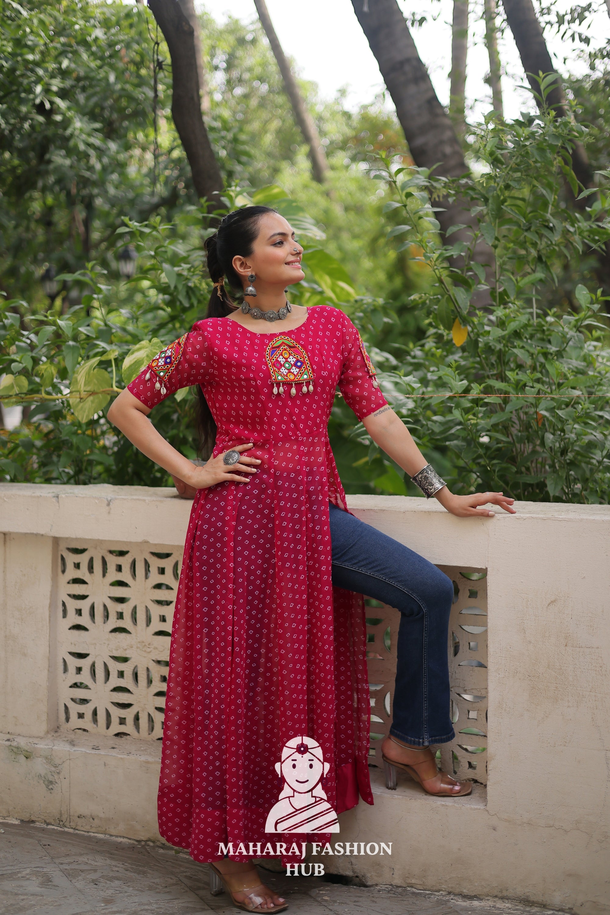 Traditional Bandhani Patchwork Half Sleeve Navratri Kurti for Women 🌸🪔