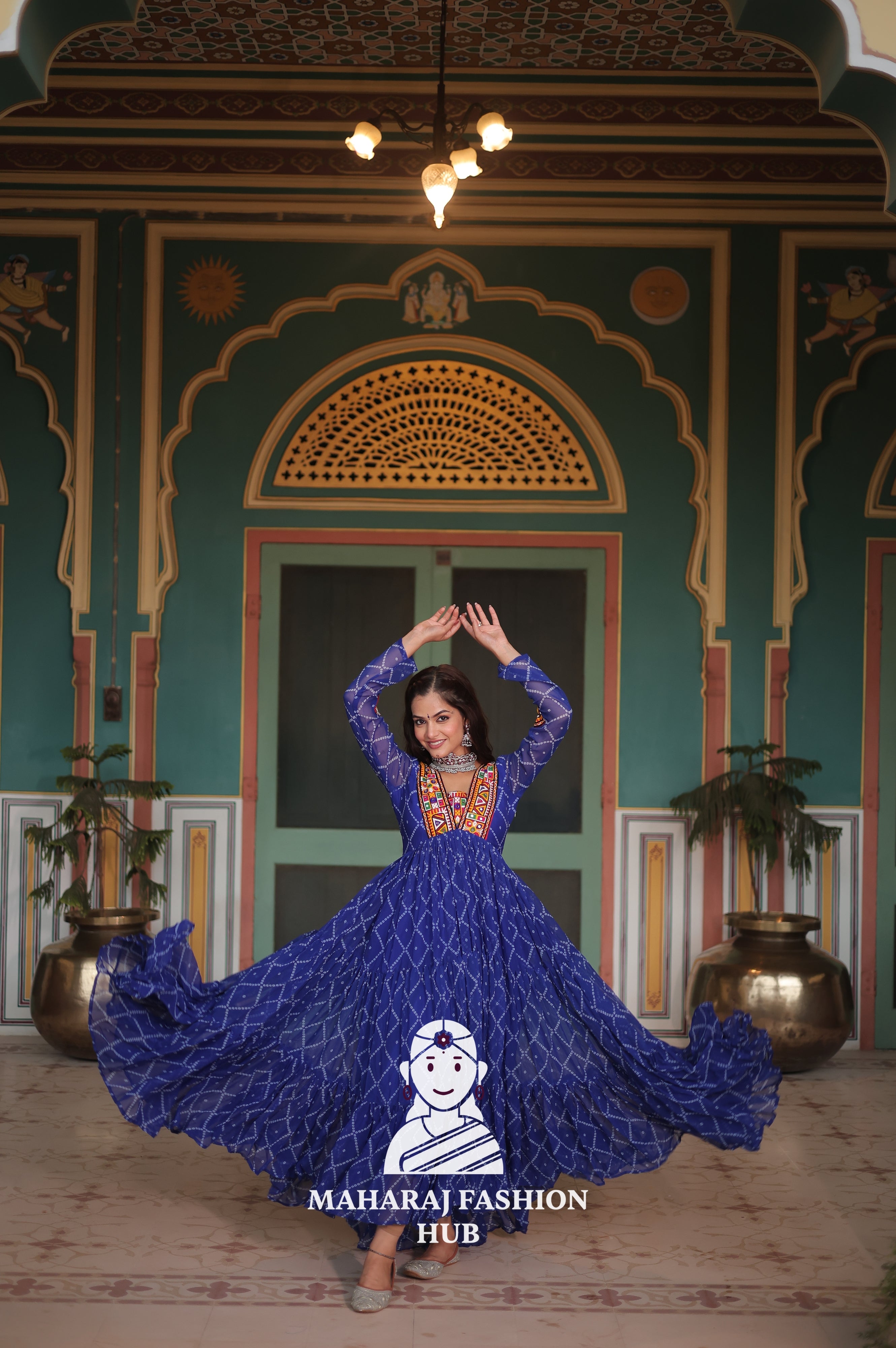 Bandhani Print Faux Georgette Gown with Kutchi Patchwork Detailing
