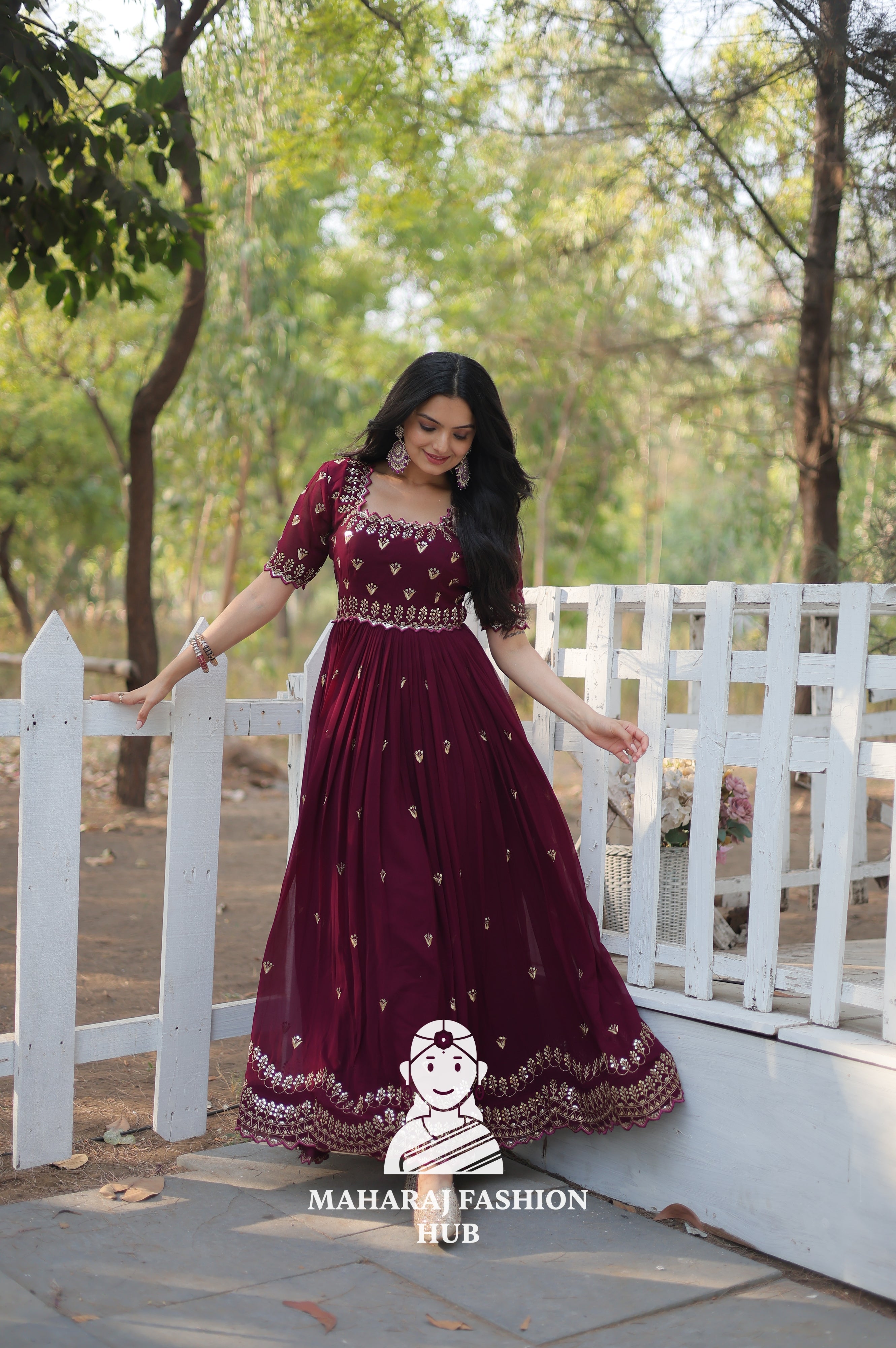 Elegant Faux Blooming Fabric Gown with Cut Work Sleeves