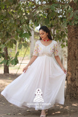 Elegant Embroidered Fabric Gown with Modern V Neckline
