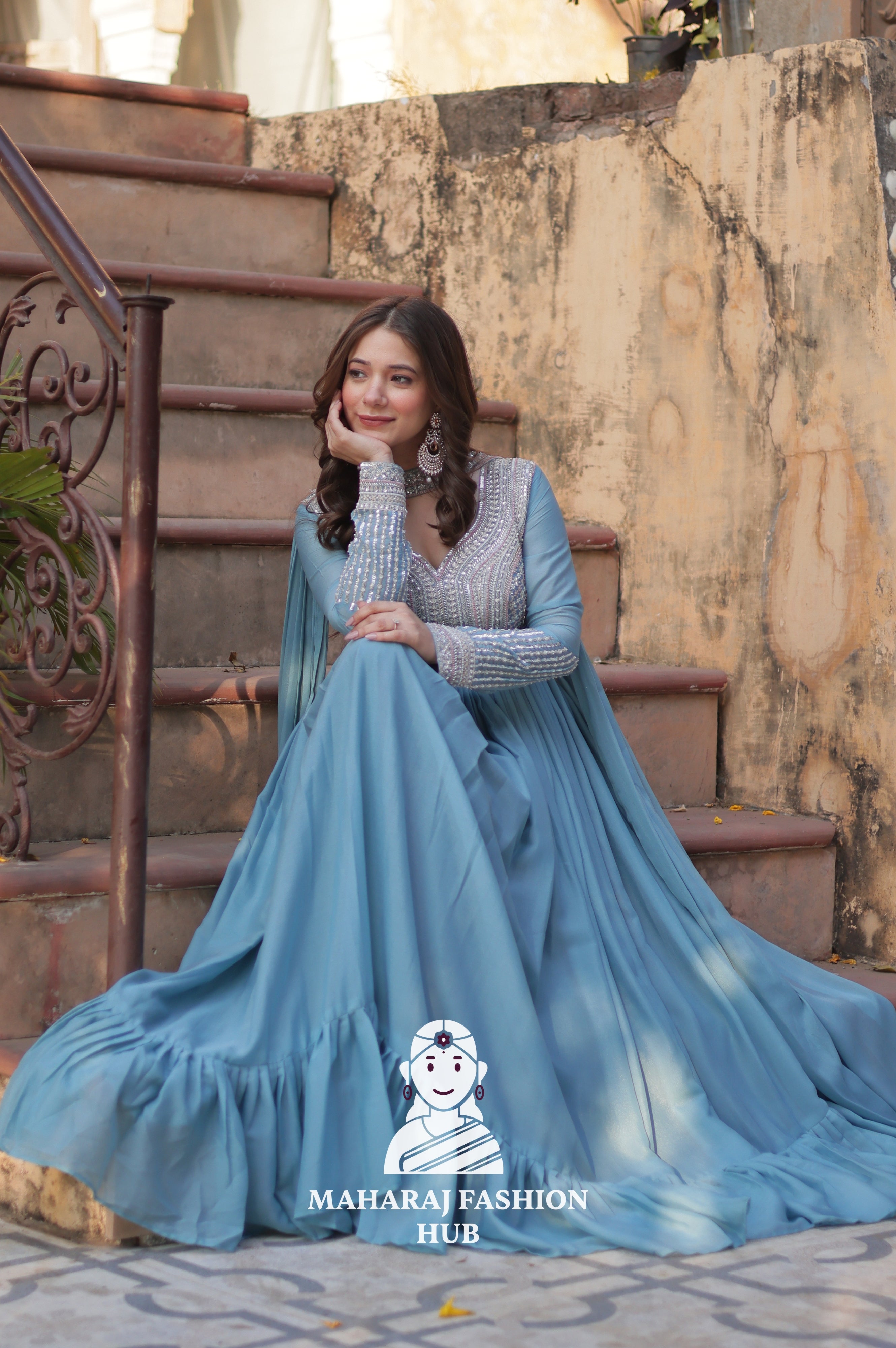 💫 Designer Gown in Star Georgette with Pan Neck & Full Embroidery - Special Designer Gown