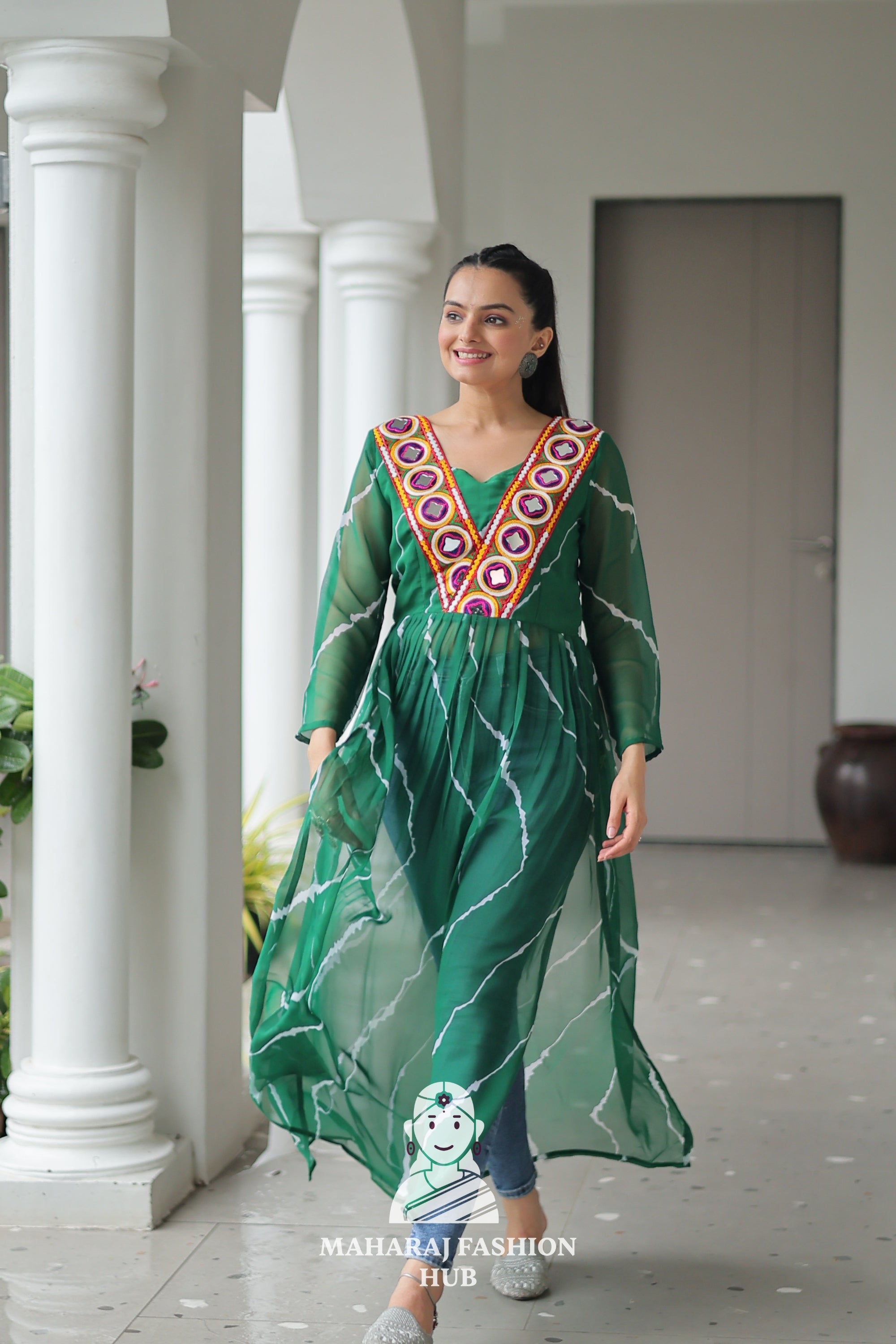 Traditional Faux Georgette Leheriya Patchwork Festive Navratri Kurti 💫🪔