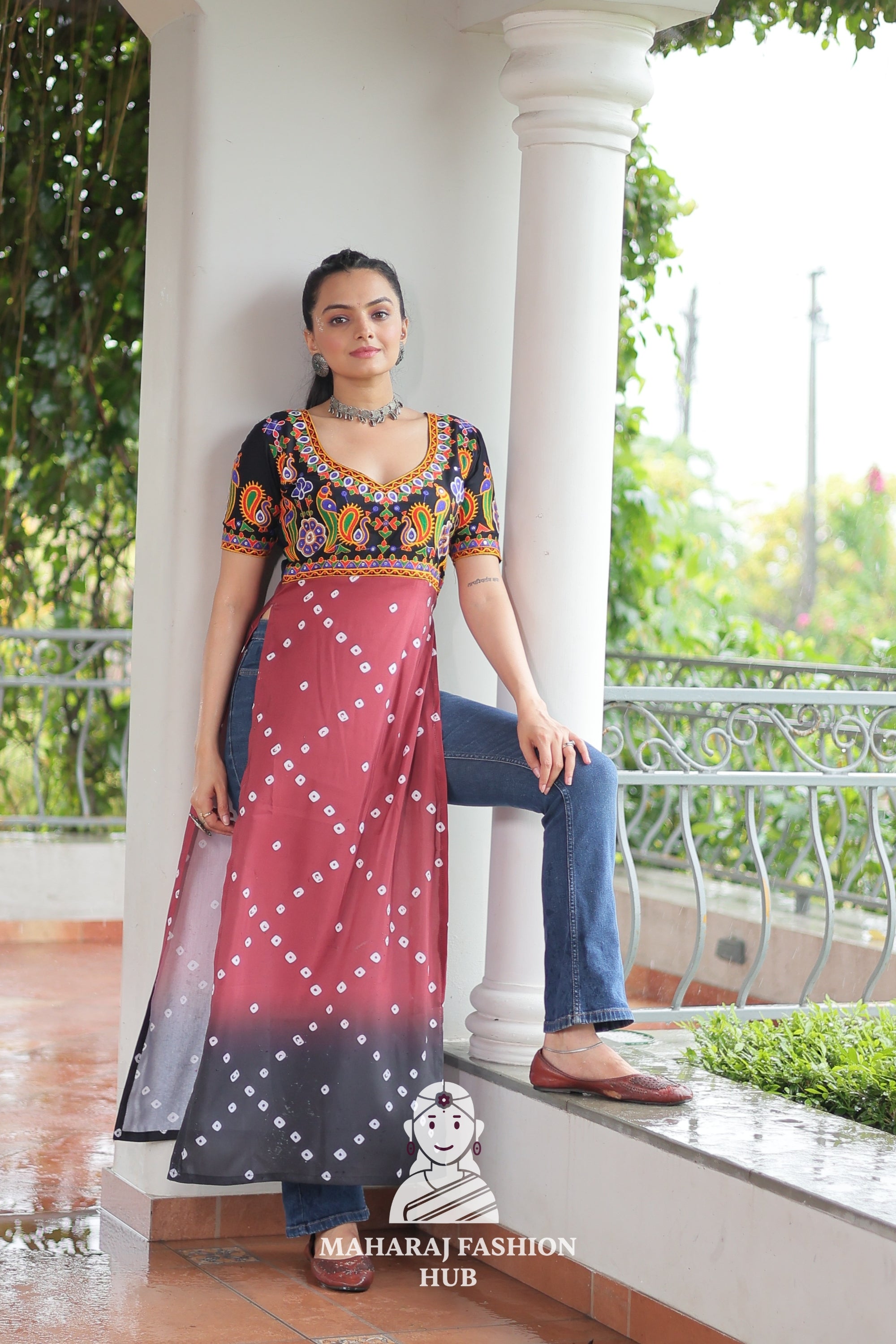 Premium Faux Georgette Bandhani Kutchi Patchwork Kurti for Festive Style 🌸🪔