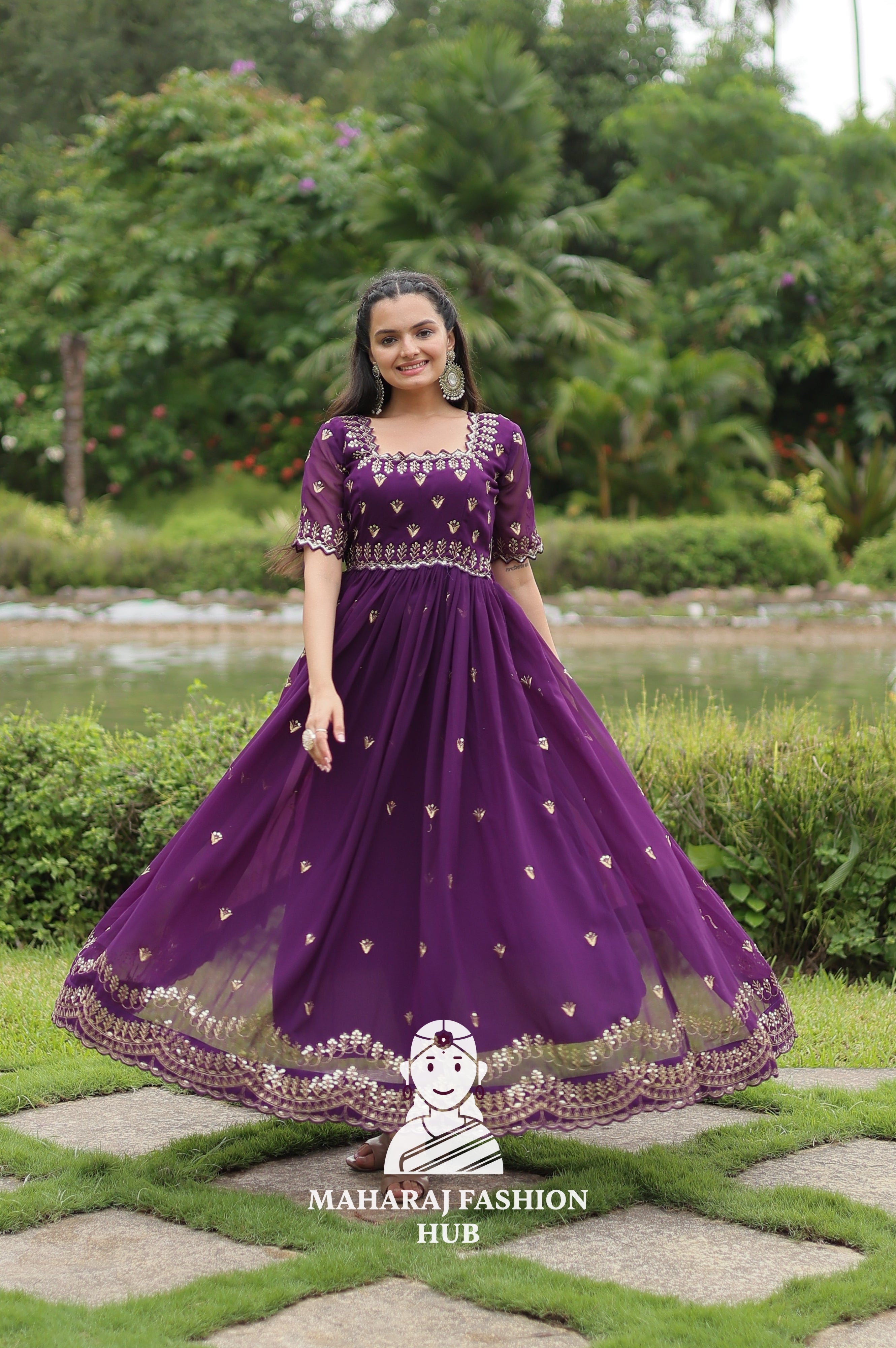 Designer Faux Blooming Fabric Gown with Modern Square Neck