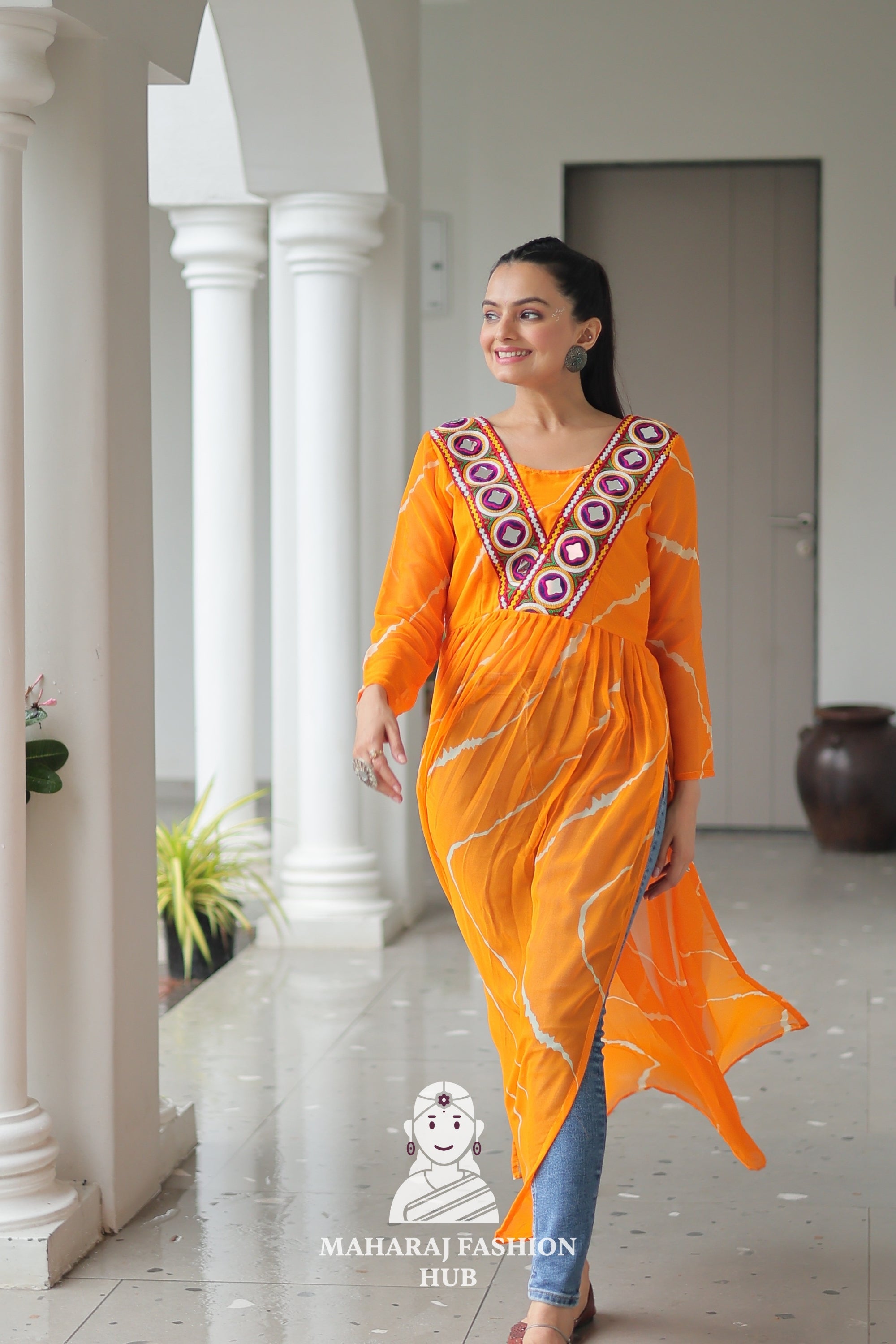 Navratri - Vibrant Leheriya Print Kutchi Patch Navratri Kurti Collection 🎨🌸