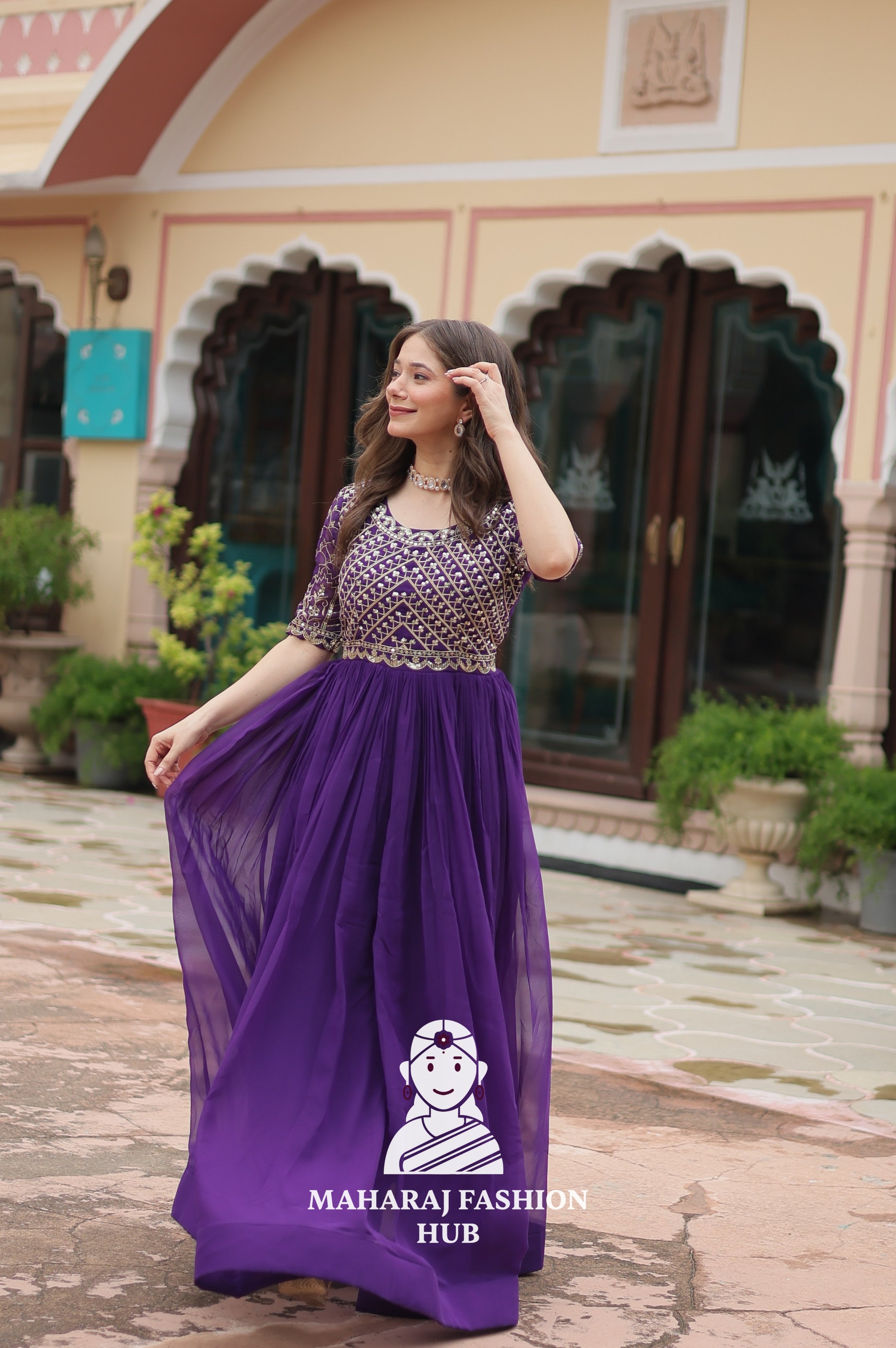 Designer Faux Blooming Gown with Zari Sequins Detailing