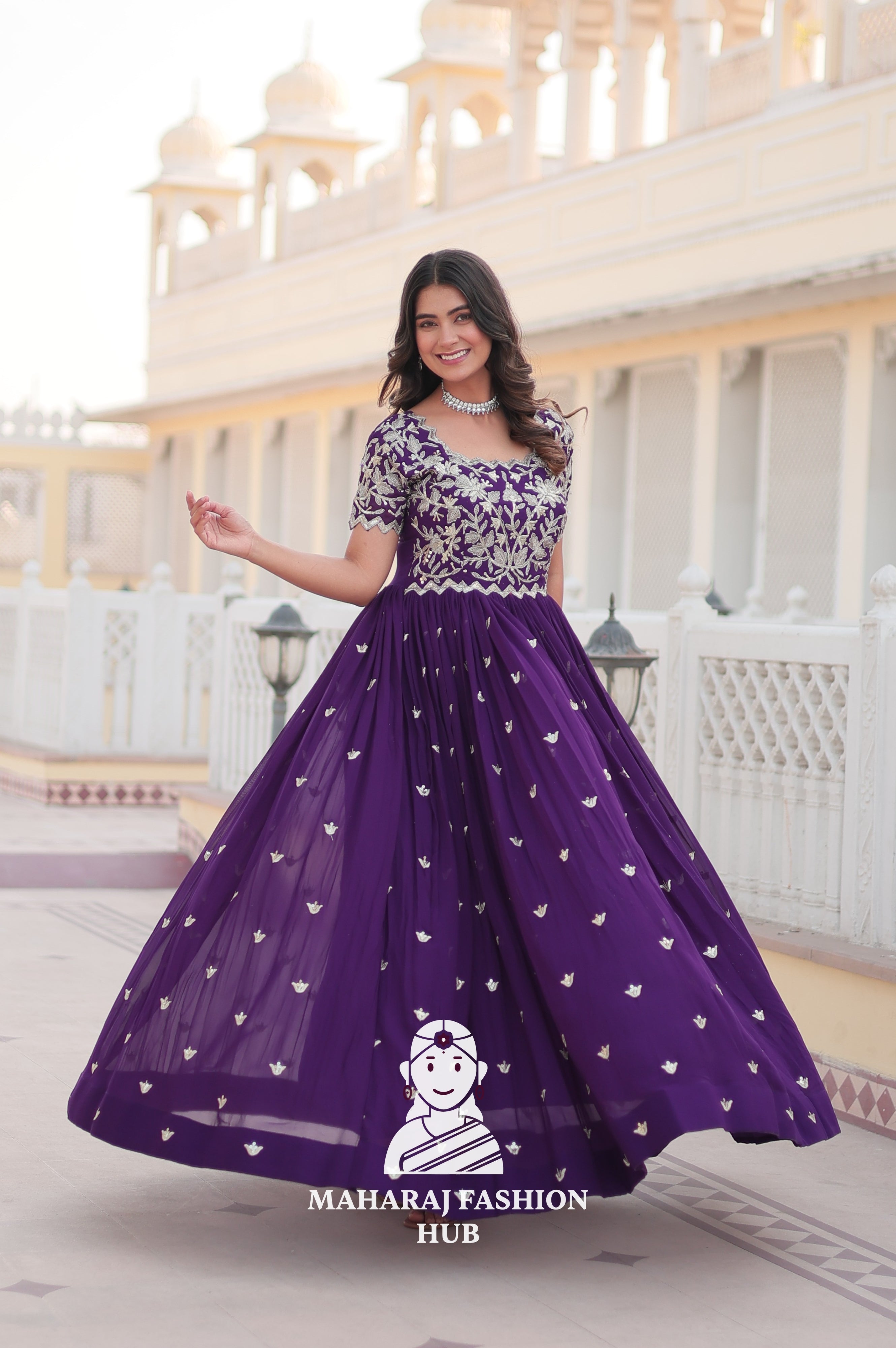 Faux Blooming Special Designer Gown with Cut-Work Sleeves & Canvas Stitching