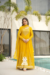 💫 Elegant Round Neck Gown in Faux Blooming Fabric - Special Designer Gown