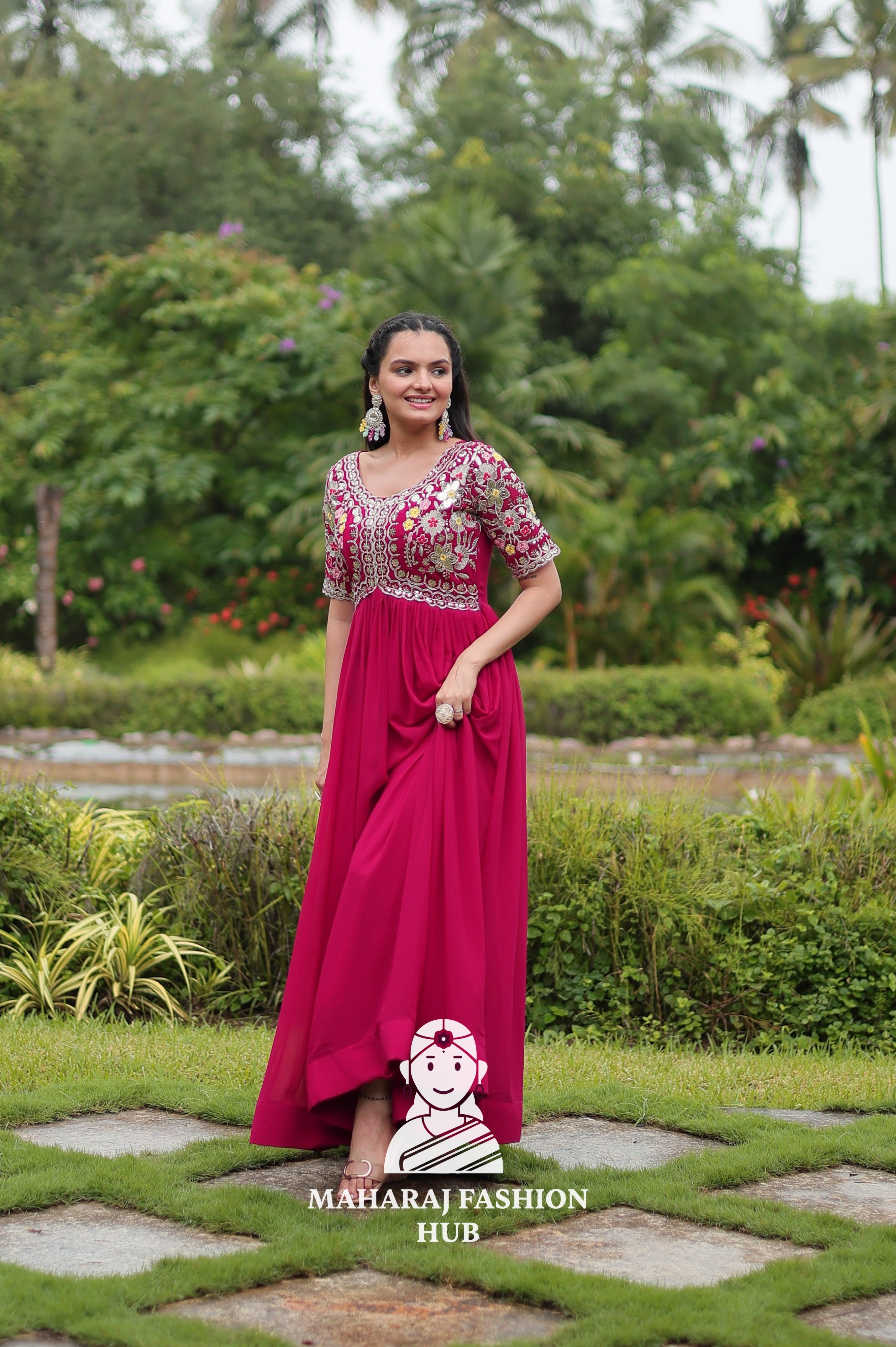 Half Sleeve Faux Blooming Fabric Gown with Luxe Finish