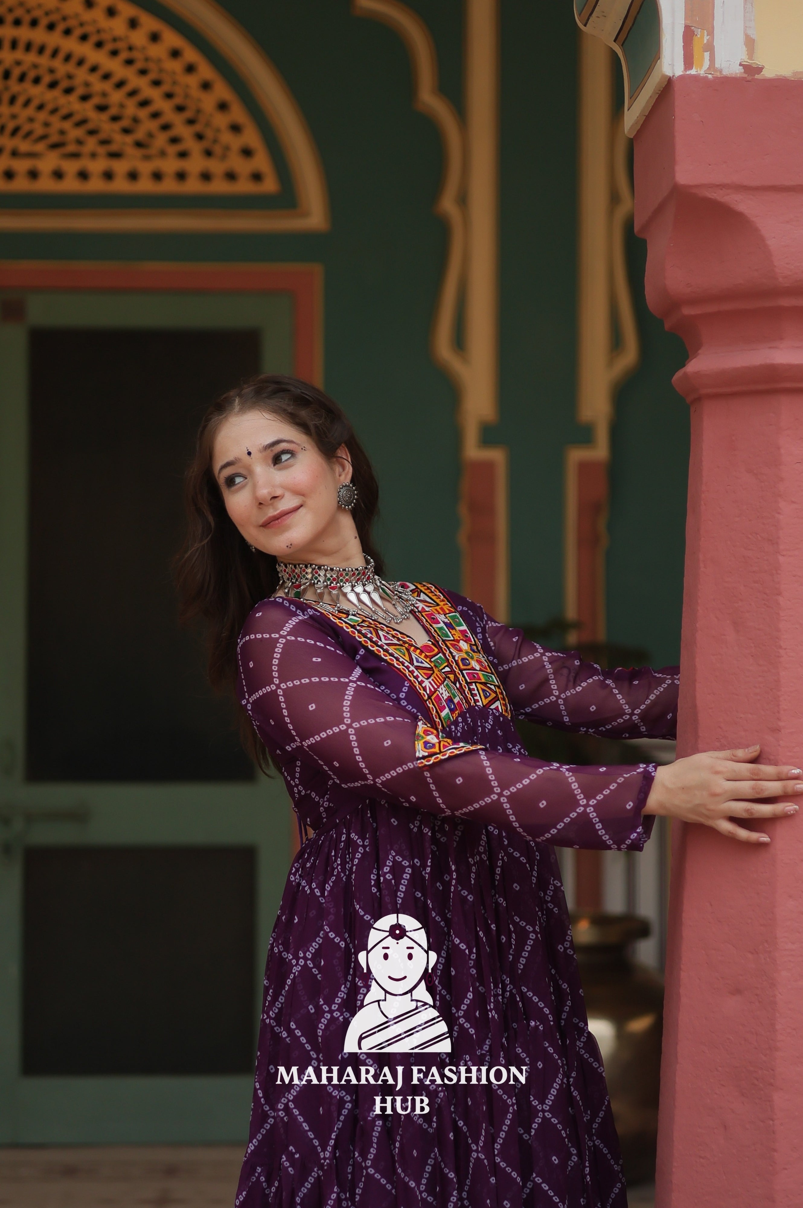 Faux Georgette Gown with Kutchi Patch and Bandhani Artistry